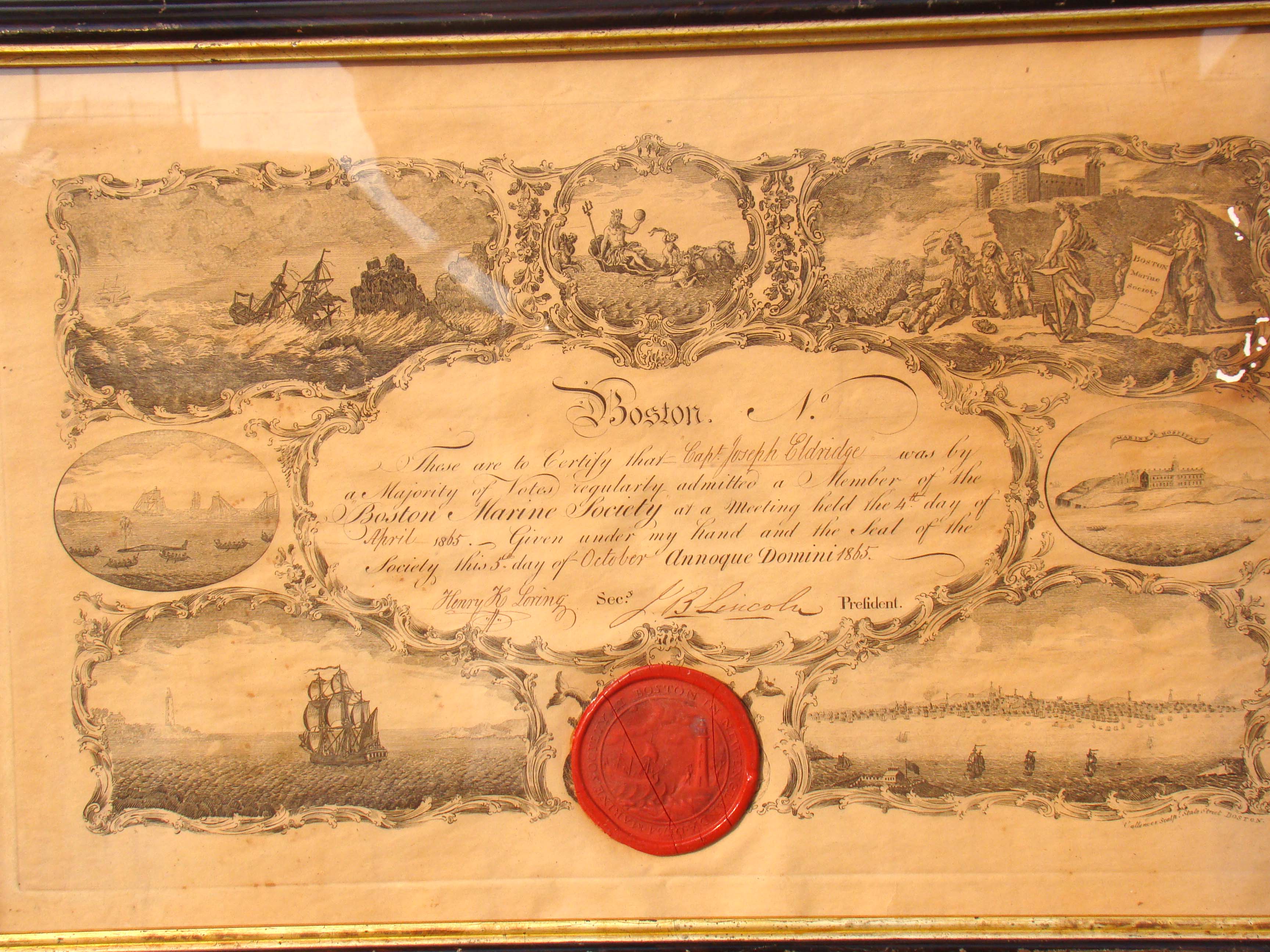 A BOSTON MARINE SOCIETY certificate issued to Capt. Joseph Eldridge on April 4, 1865