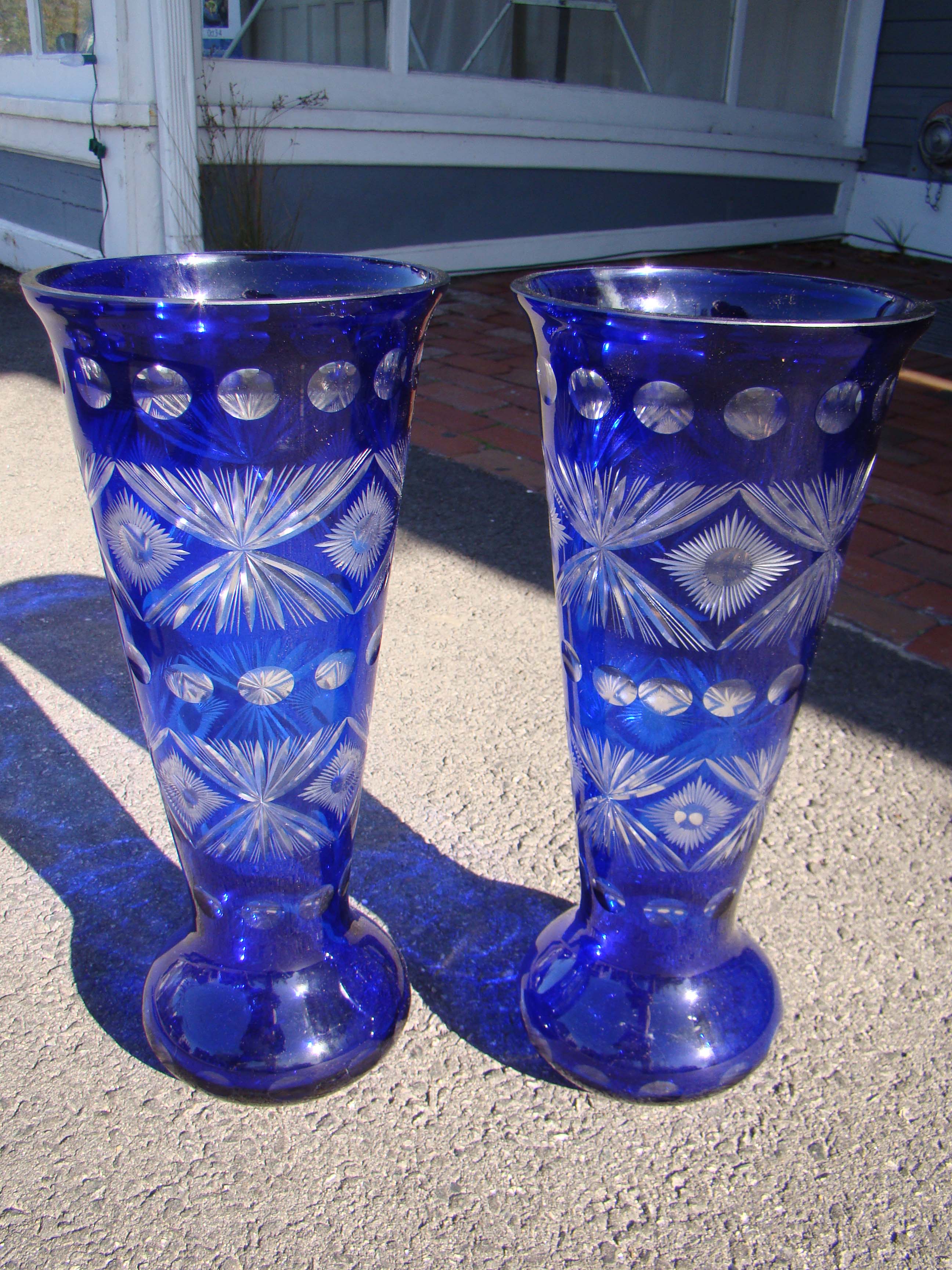 A beautiful pair of vintage 16" cobalt blue cut-glass vases — image 2