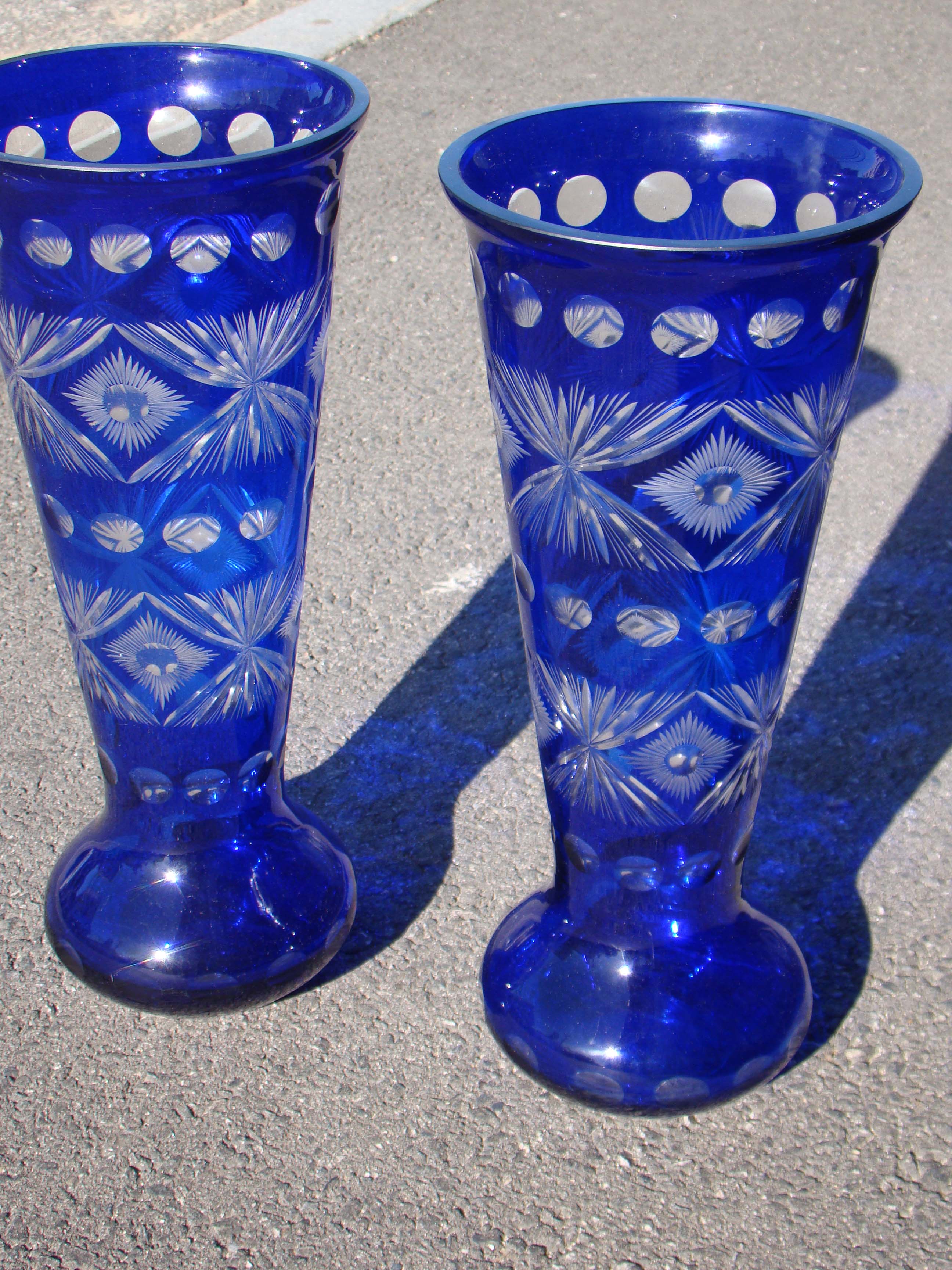 A beautiful pair of vintage 16" cobalt blue cut-glass vases