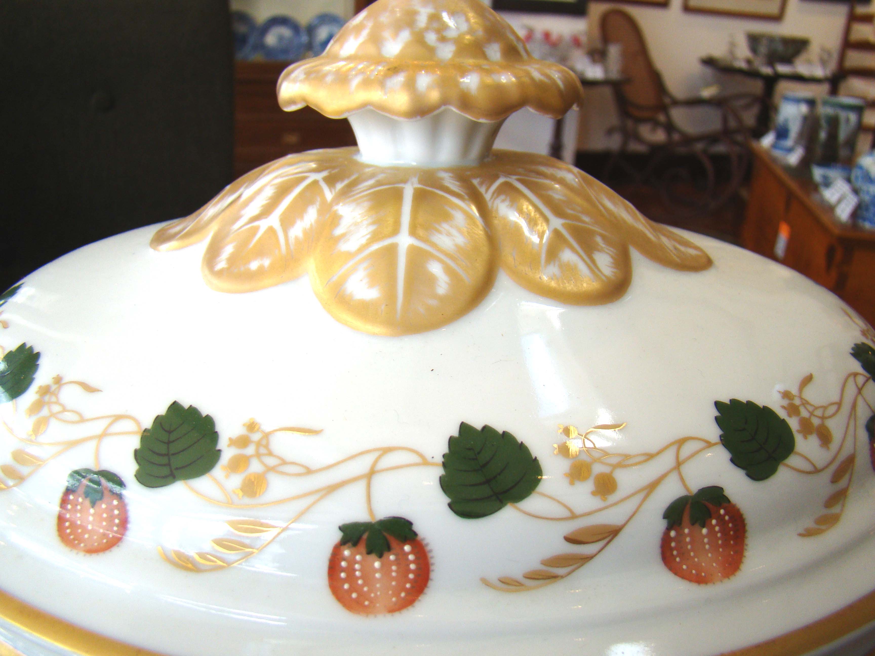 A beautiful hand painted covered tureen and matching undertray in the strawberry pattern by Mottahedeh, Vista Allegre, Portugal — image 2