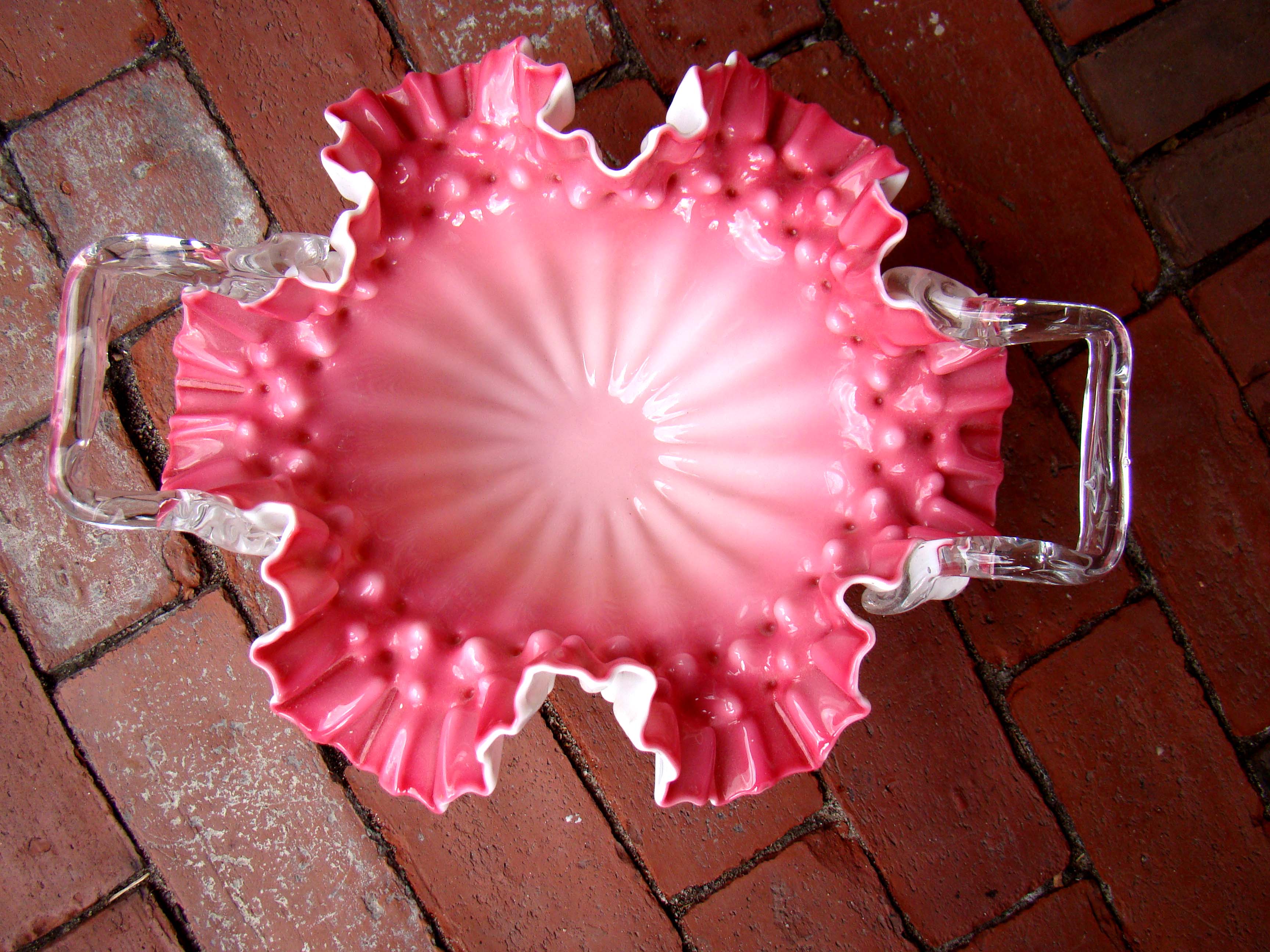 A fine vintage FENTON pink ruffle edge footed basket with applied handles — image 2
