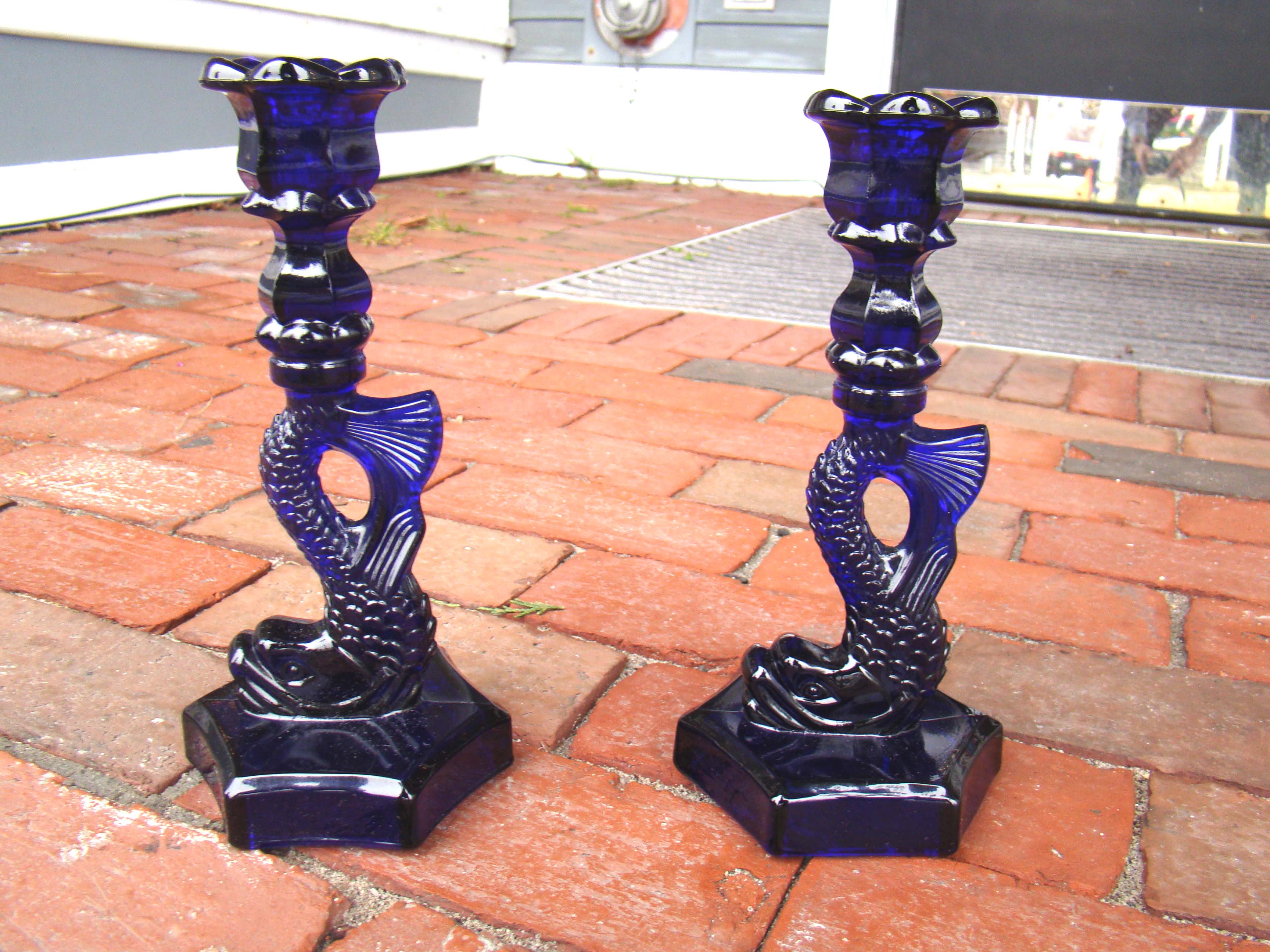 A beautiful pair of vintage cobalt blue glass dolphin form candlesticks — image 2
