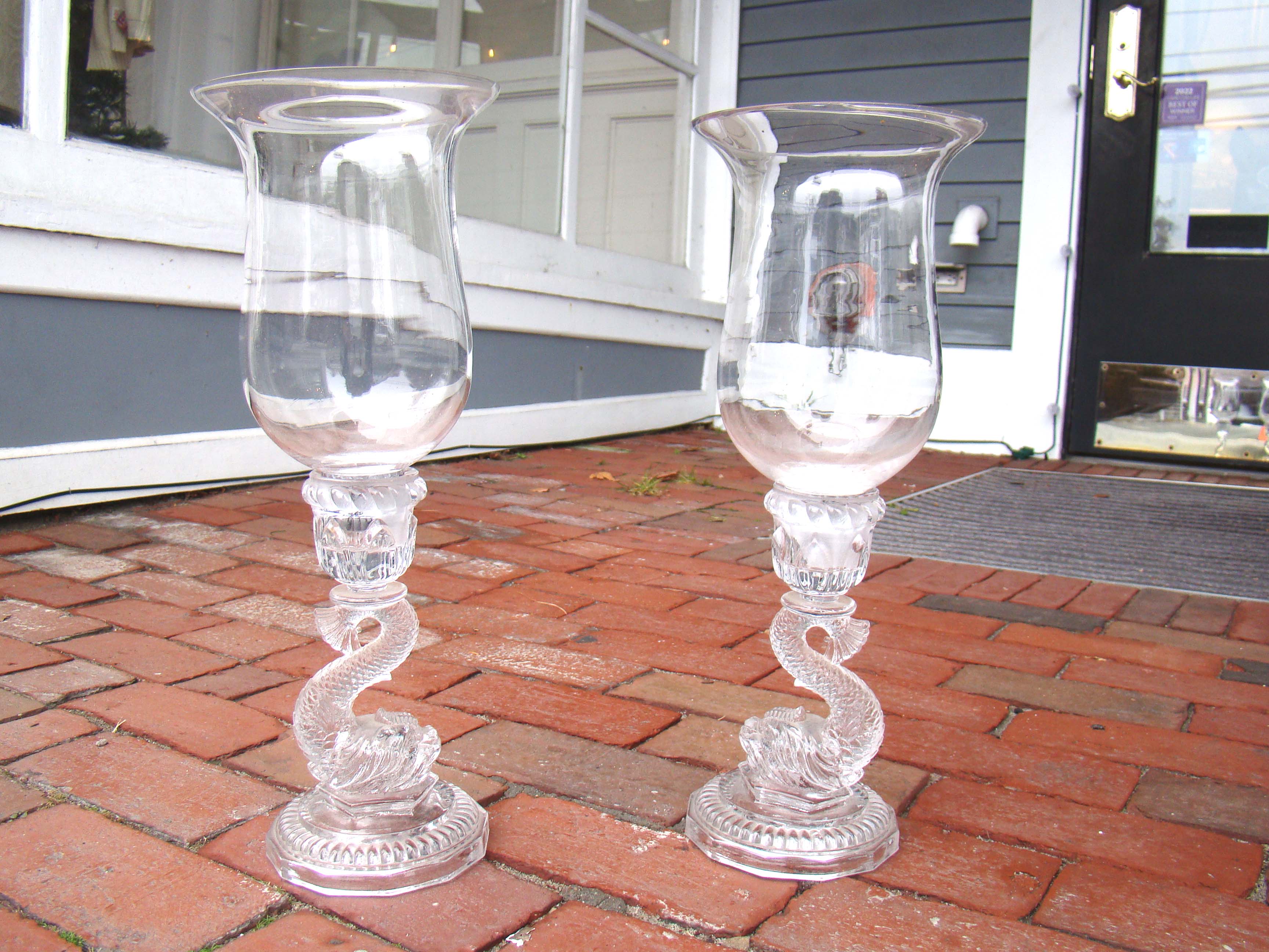 A pair of Dolphin form glass candlesticks with hurricanes — image 3