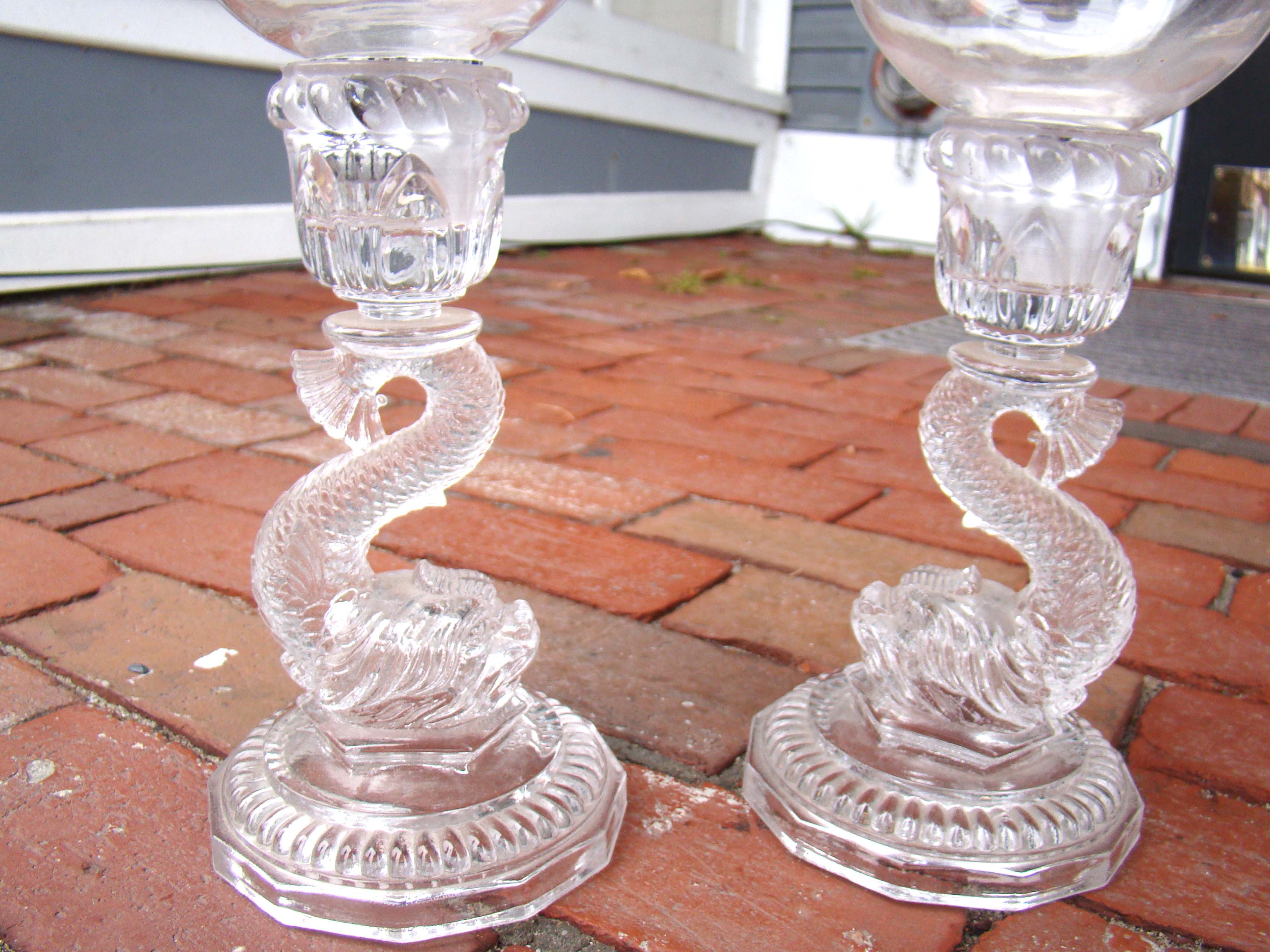 A pair of Dolphin form glass candlesticks with hurricanes — image 2