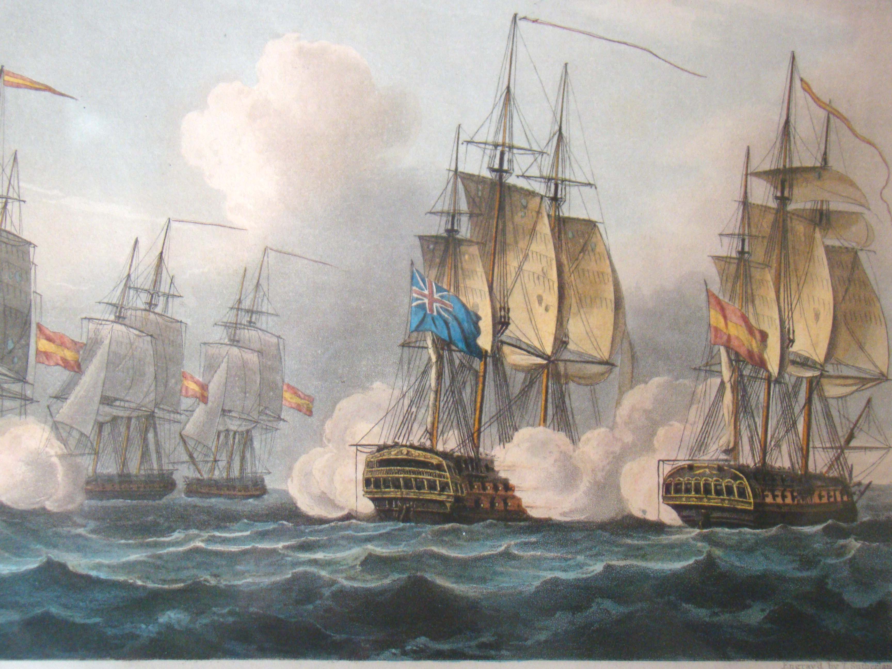 A fine pair of late 18th century British Naval Battle hand-colored aquatints published in 1816