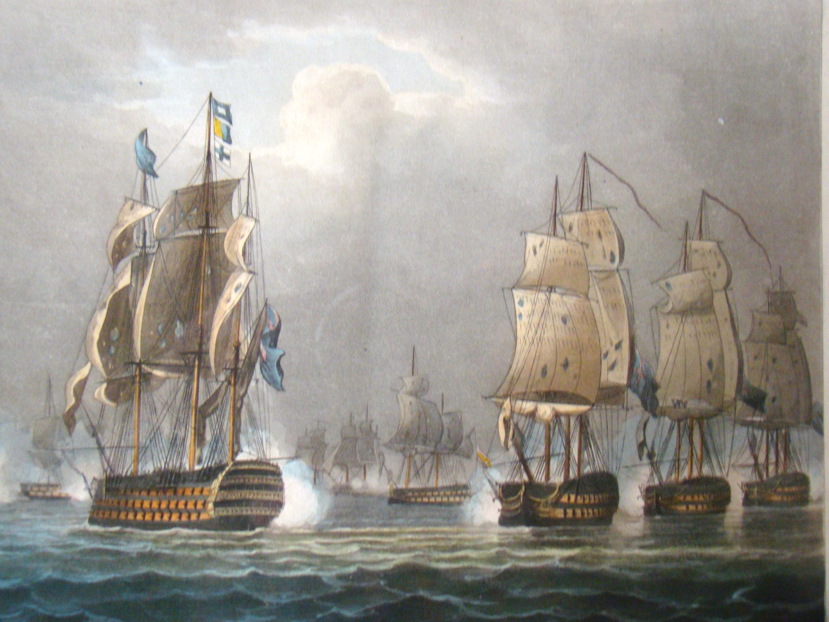 A fine pair of late 18th century British Naval Battle hand-colored aquatints published in 1816 — image 2