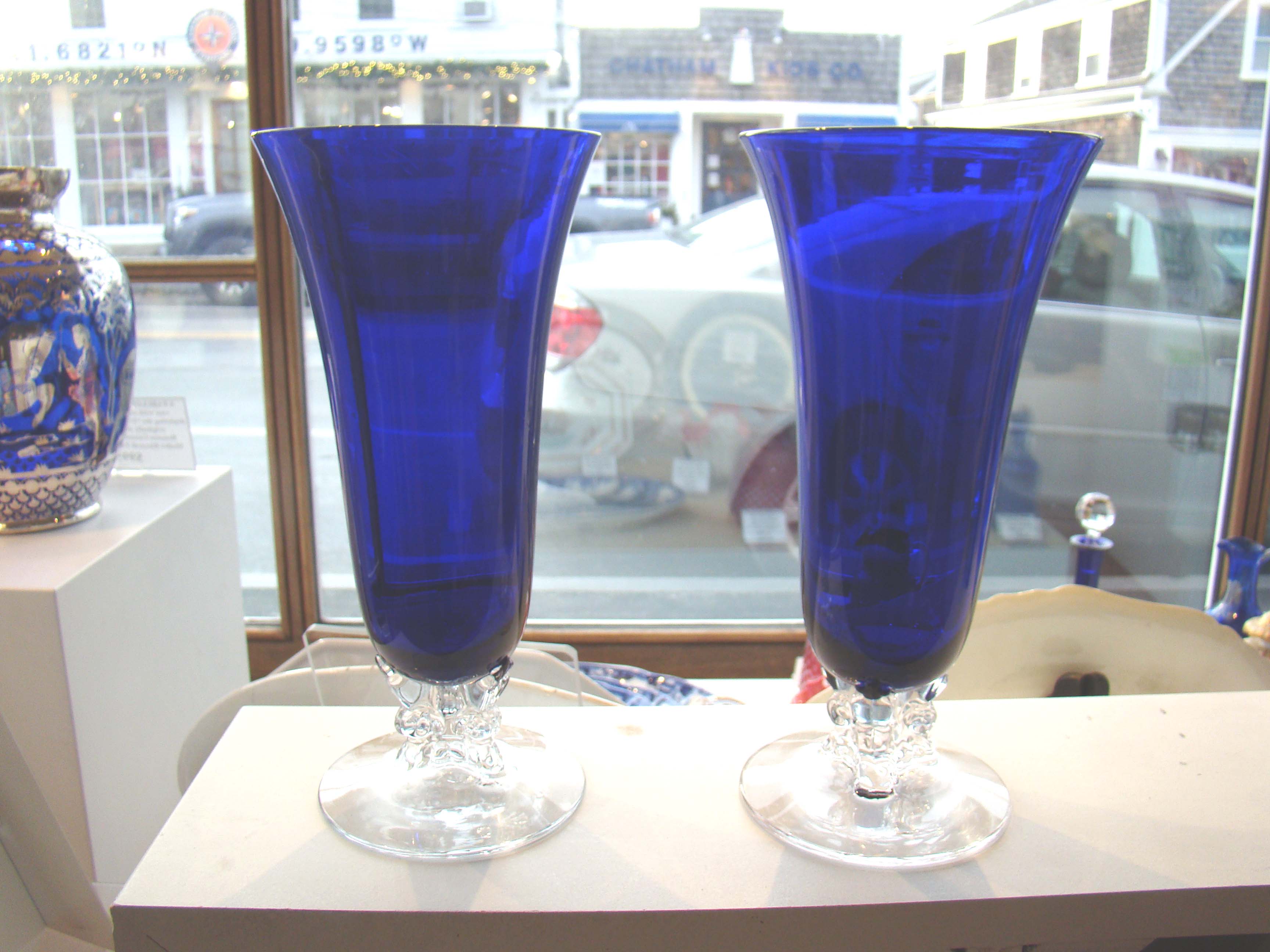A very fine pair of vintage cobalt blue crystal vases on footed bases circa 1935