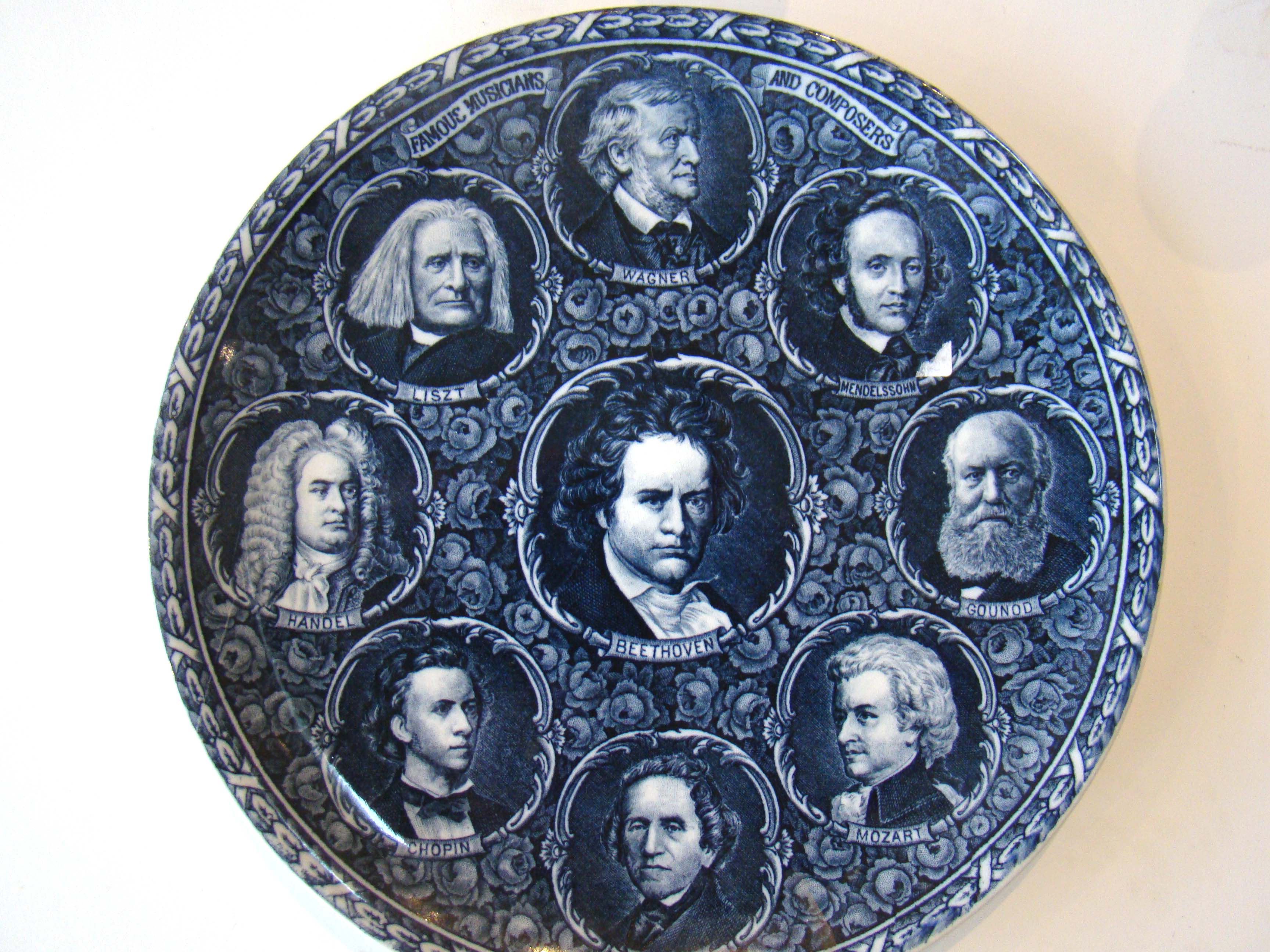 A commemorative plate featuring famous musicians and composers made in 1904 by Rowland & Marsellus