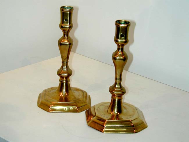 Pair of English Queen Anne Period Brass Candlesticks with Makers initials "M.B." Circa 1700-1720