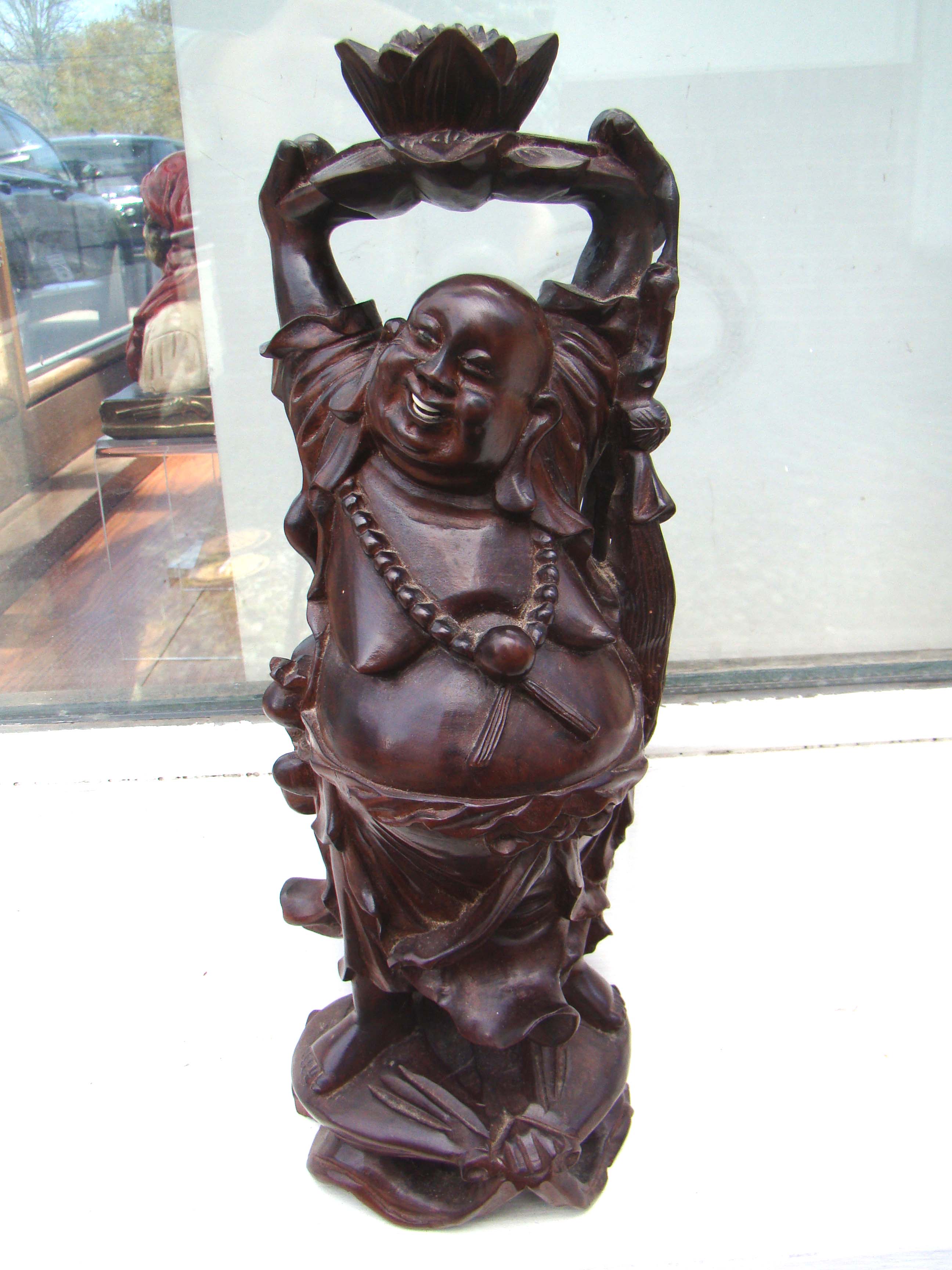 A fine vintage 12 1/2" carved teakwood Happy Buddfha