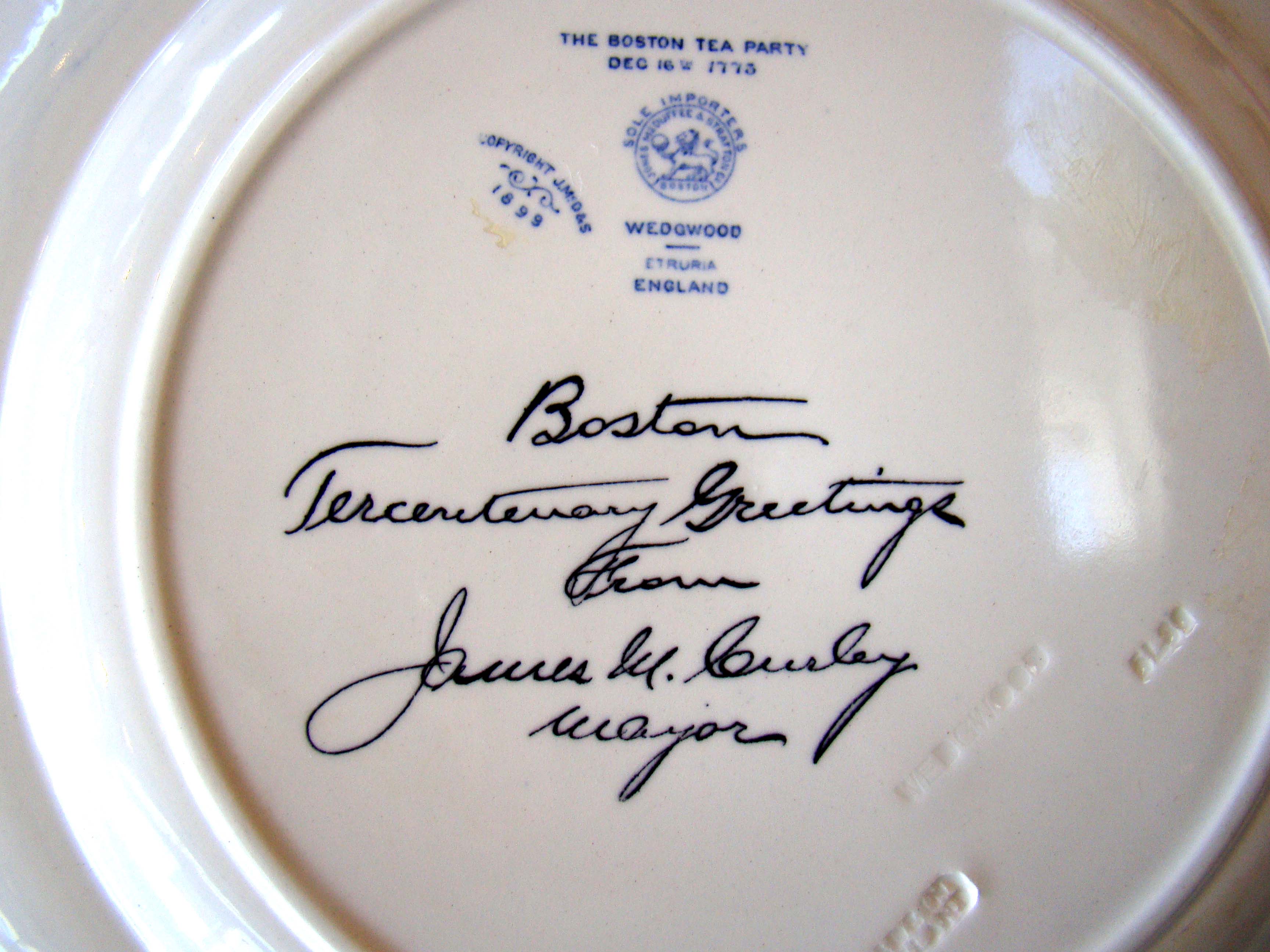 An historic and rare plate depicting "The Boston Tea Party" Dec. 16, 1773 and later signed in 1930 by Mayor James Curley to commemorate Boston's tercentennary. — image 2
