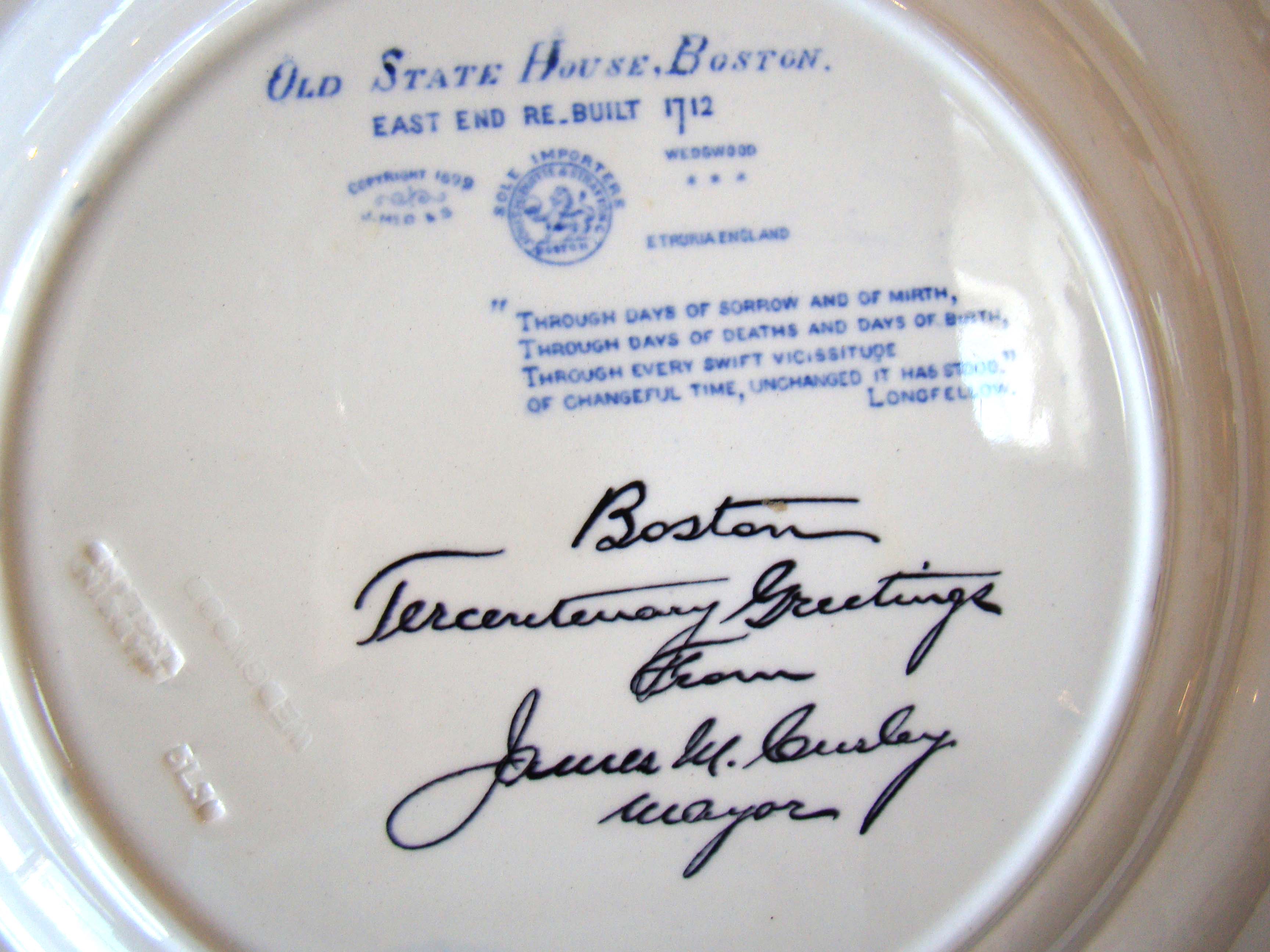 An historic and rare plate signed by Boston's Mayor James Curley in 1930 featuring "The Old Boston State House" built in 1712.  — image 2