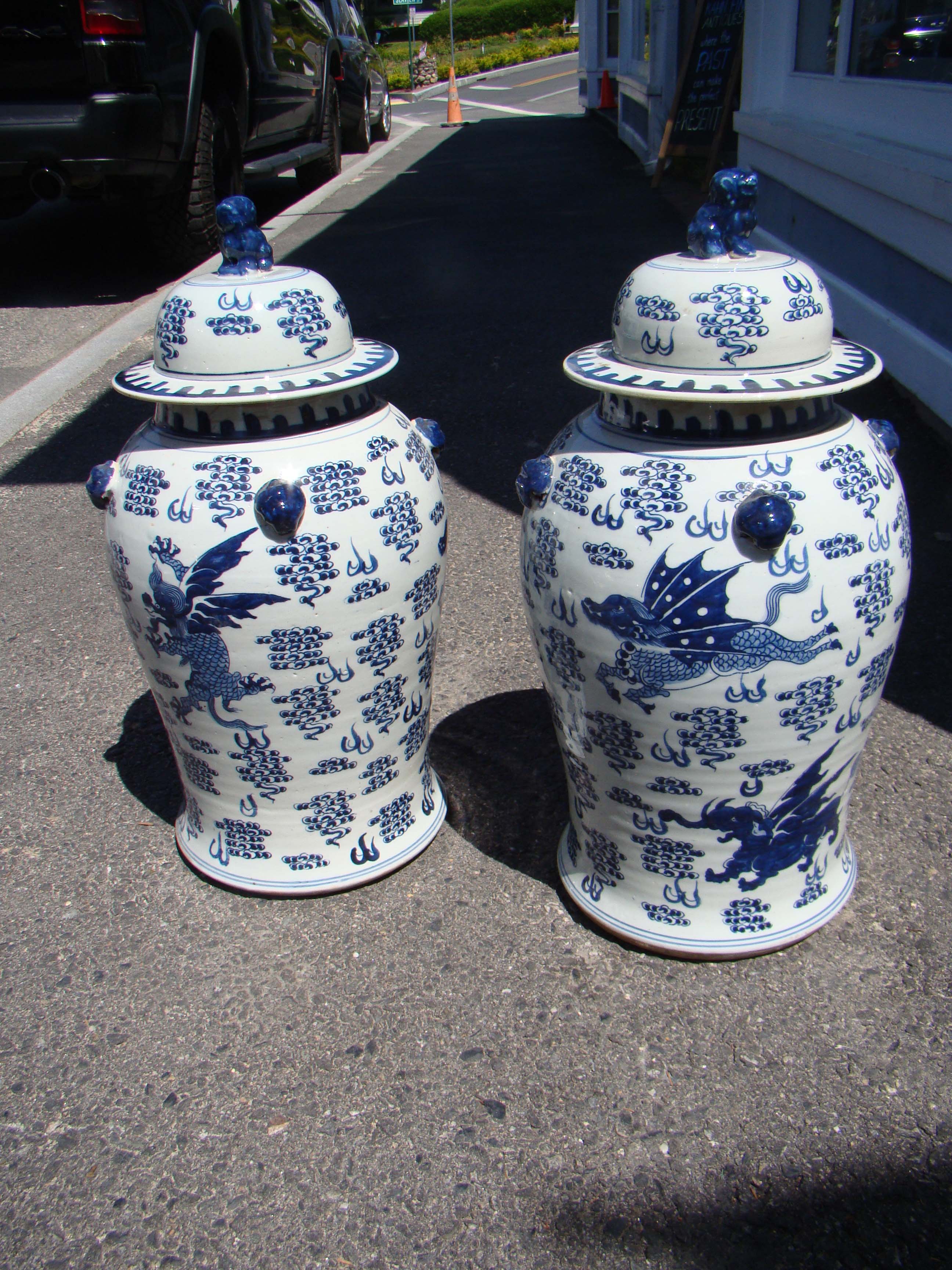 A fine pair of Chinese Temple Jars with mythical flying creatures — image 2