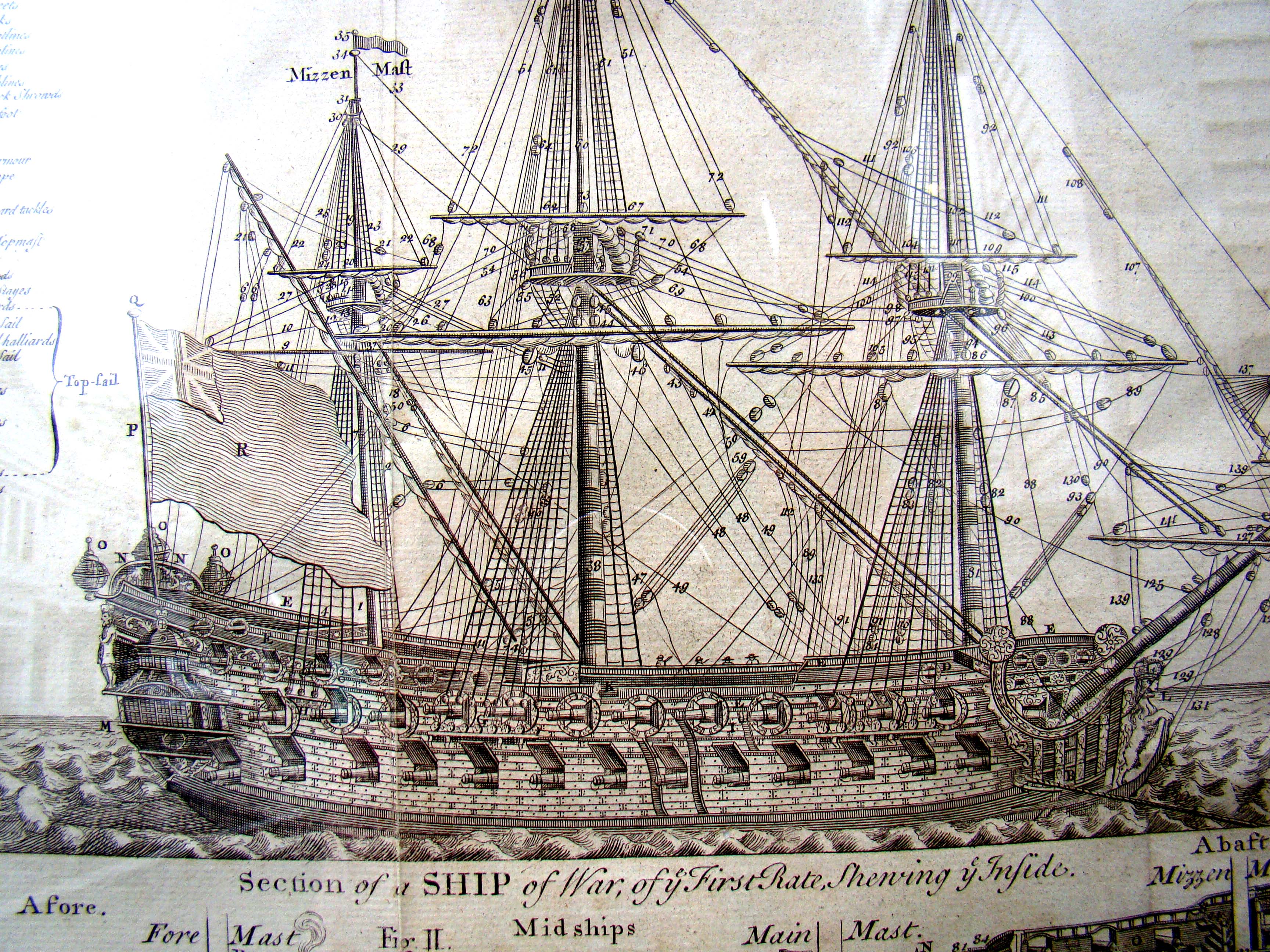 An original and rare engraving published in 1728 featuring "A Royal Navy ship of War