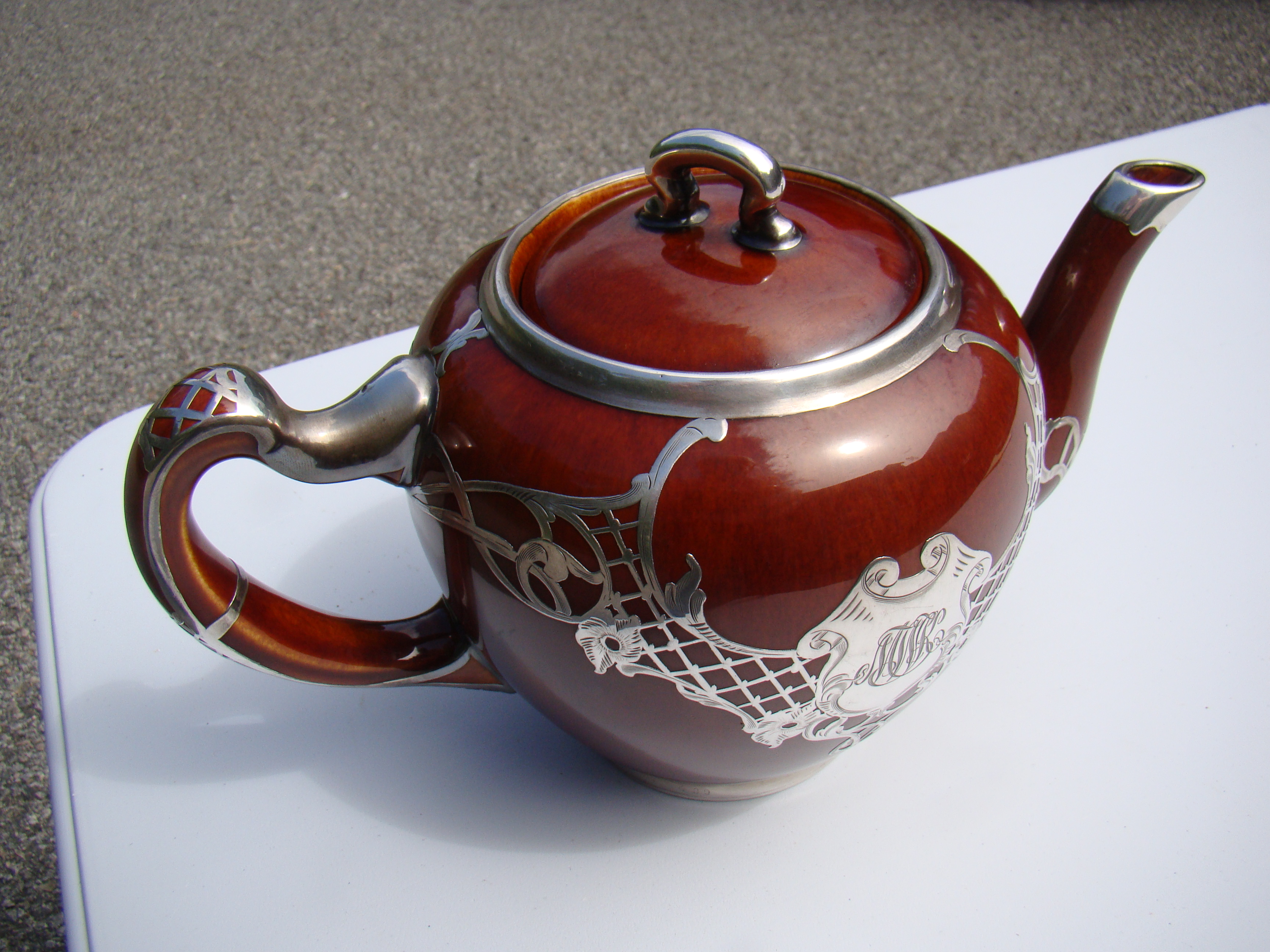 A FABULOUS brown glazed silver mounted teapot made by Gibson Pottery circa 1890 — image 2