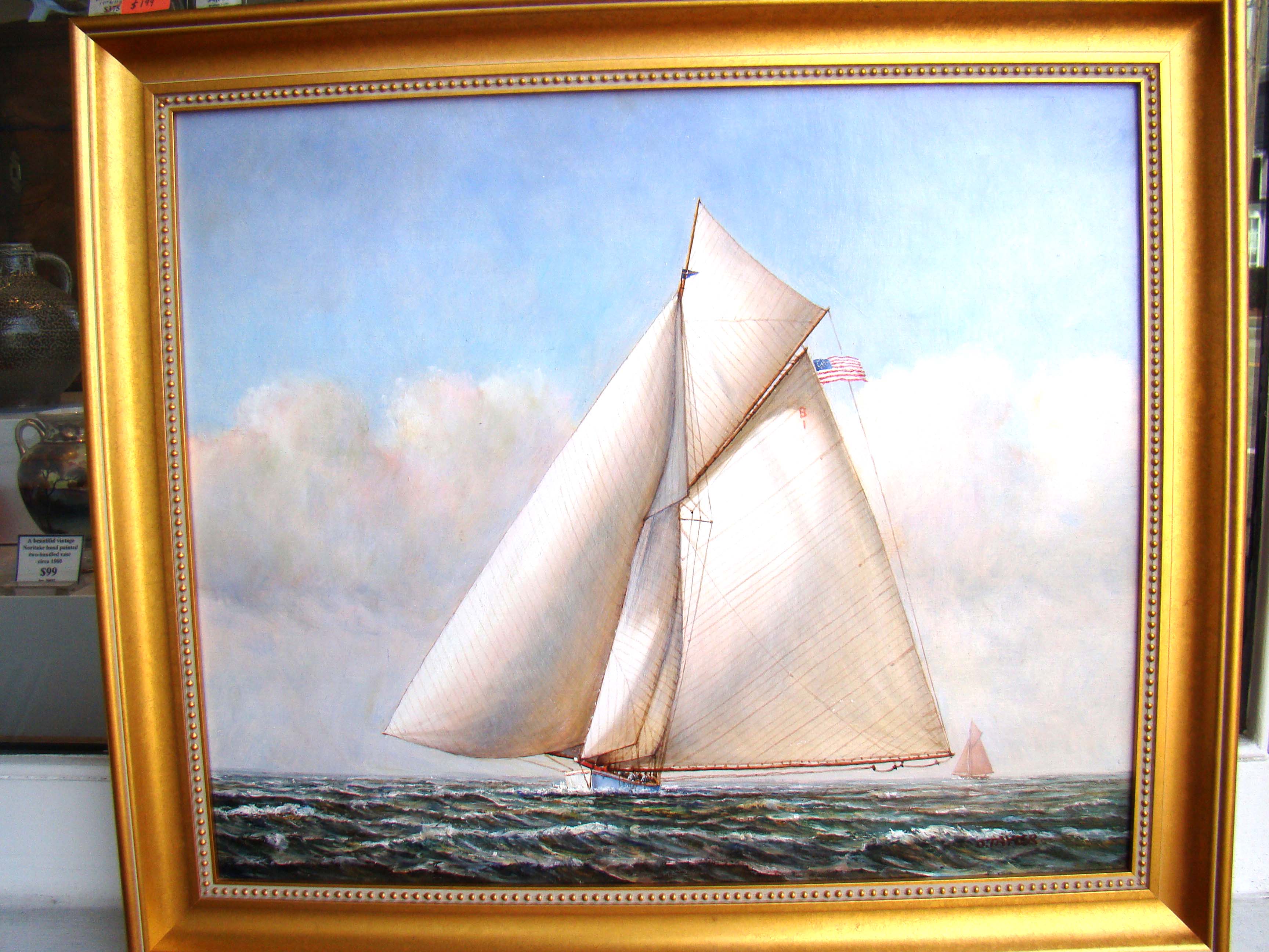 A fine contemporary painting of a sailing ship racing in high winds — image 2