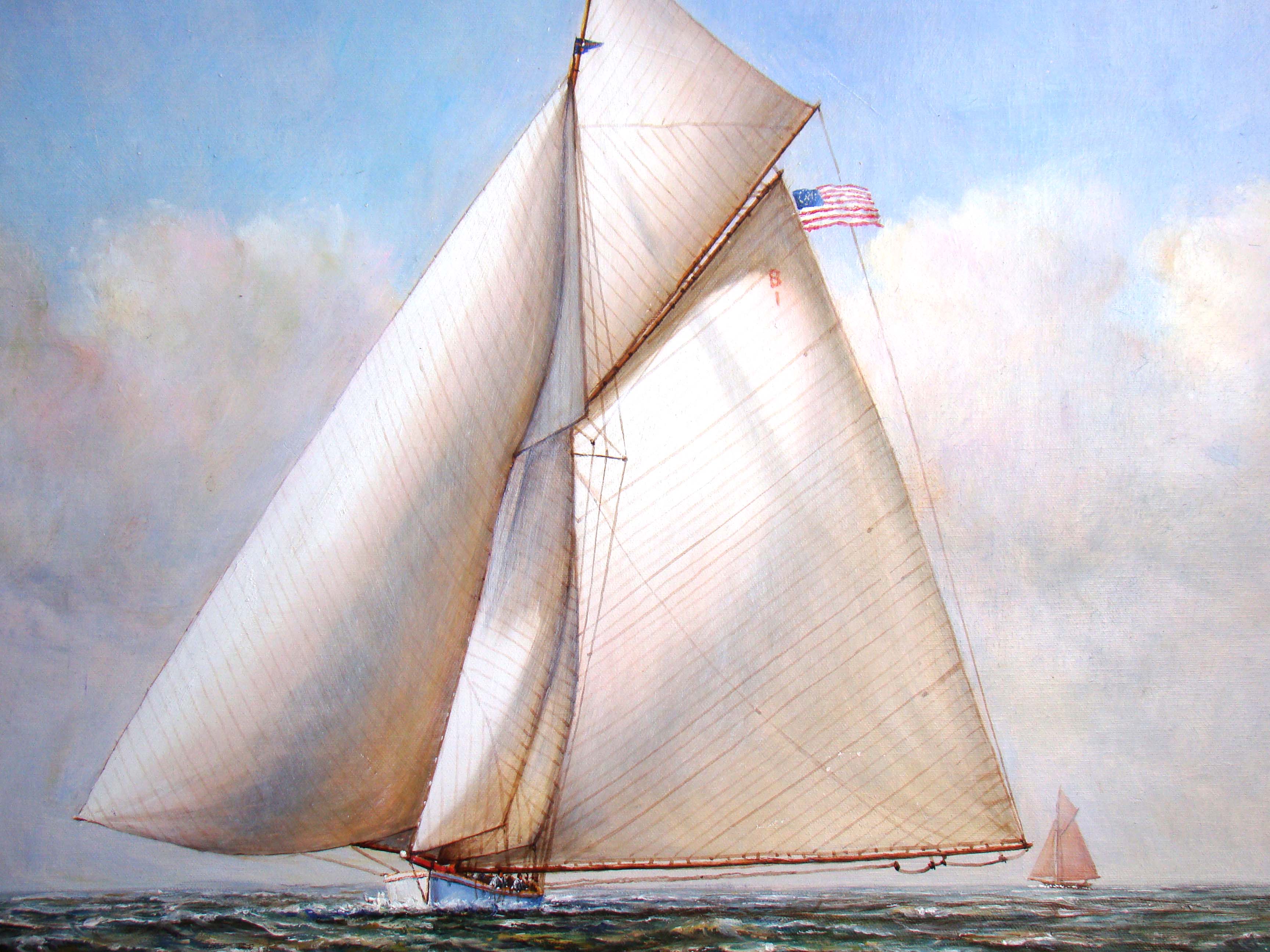 A fine contemporary painting of a sailing ship racing in high winds