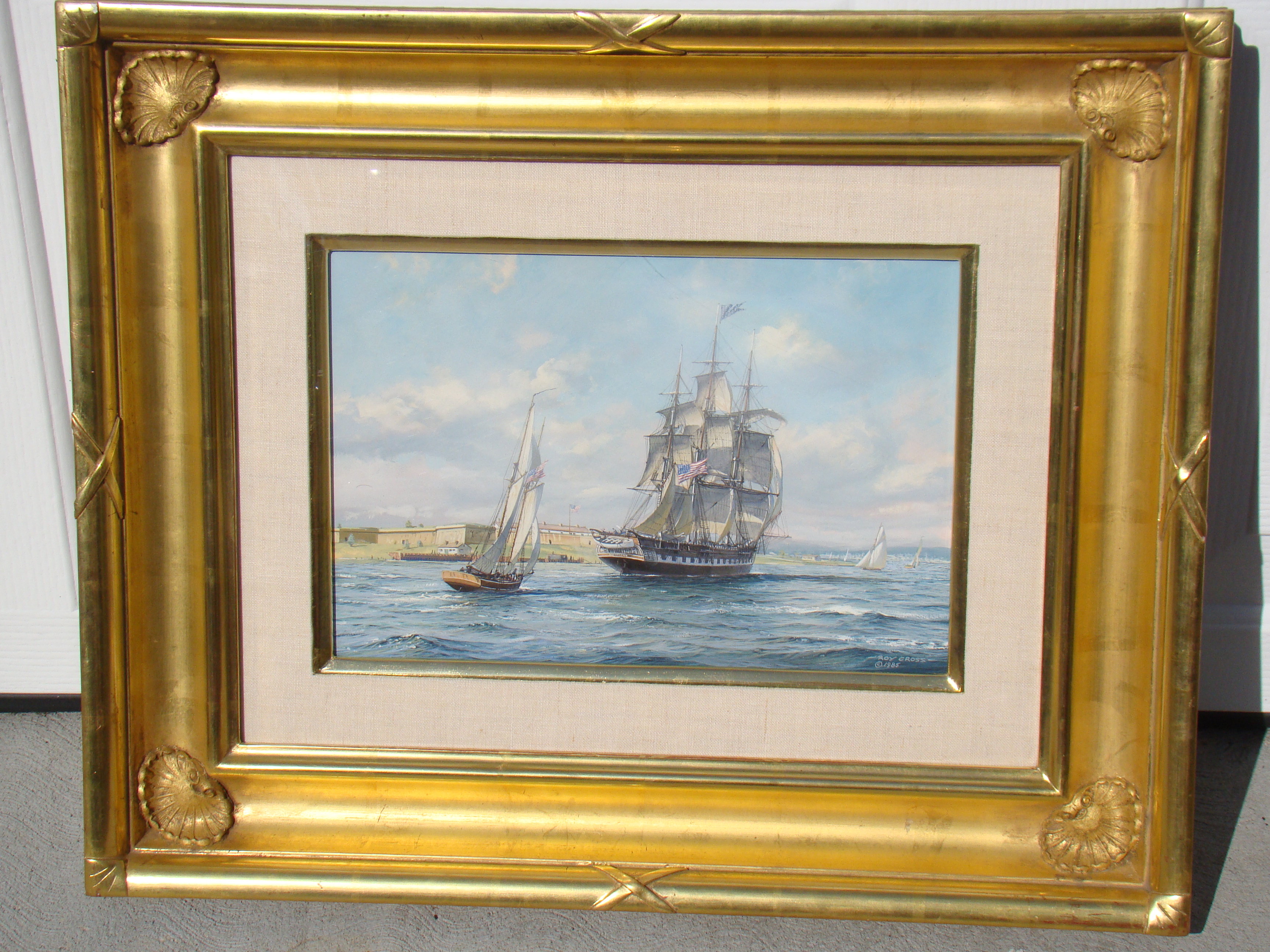 A fabulous original painting by Roy Cross depicting the CONSTITUTION passing Castle Island in Boston Harbor in 1828 — image 2