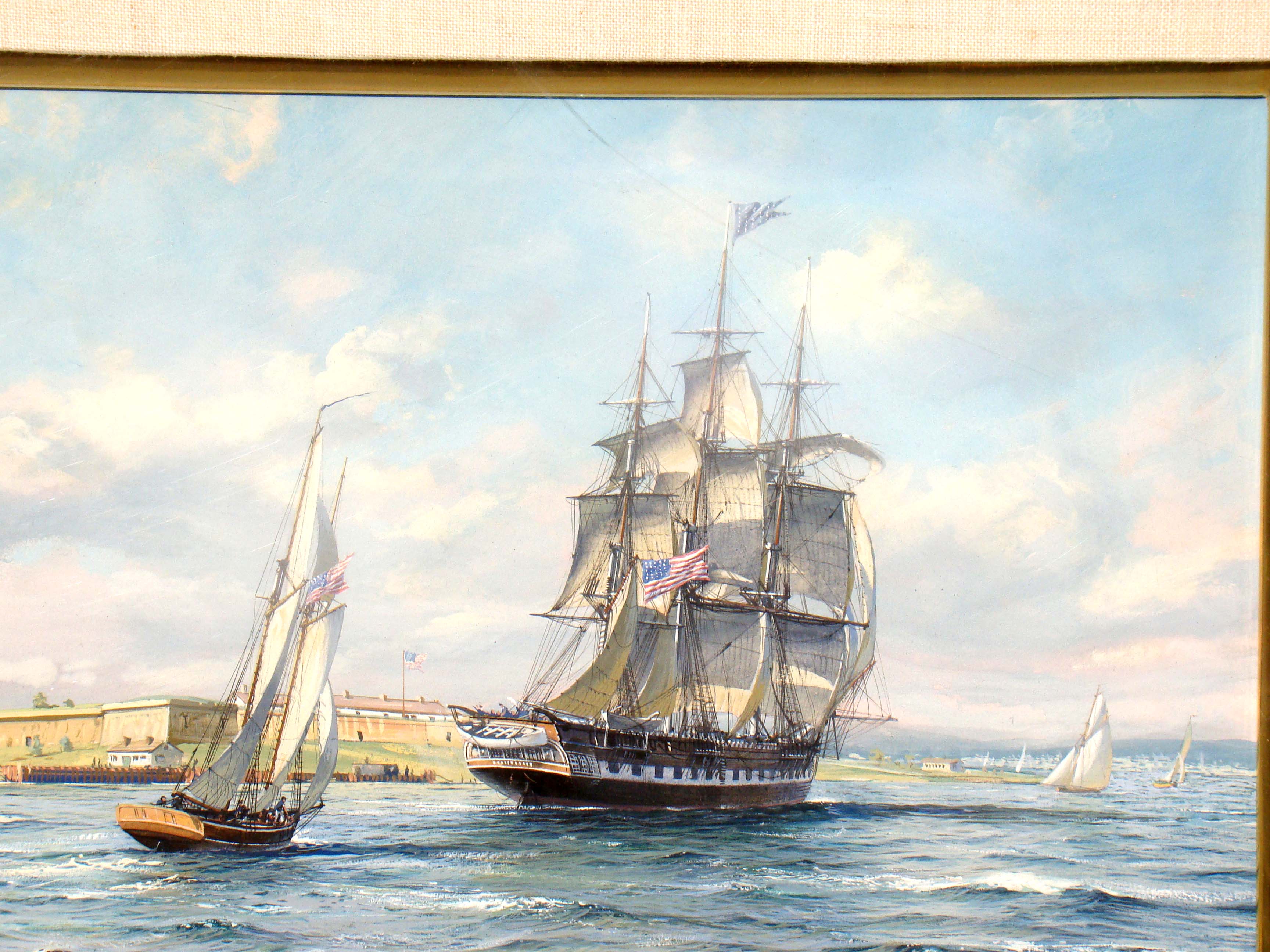 A fabulous original painting by Roy Cross depicting the CONSTITUTION passing Castle Island in Boston Harbor in 1828