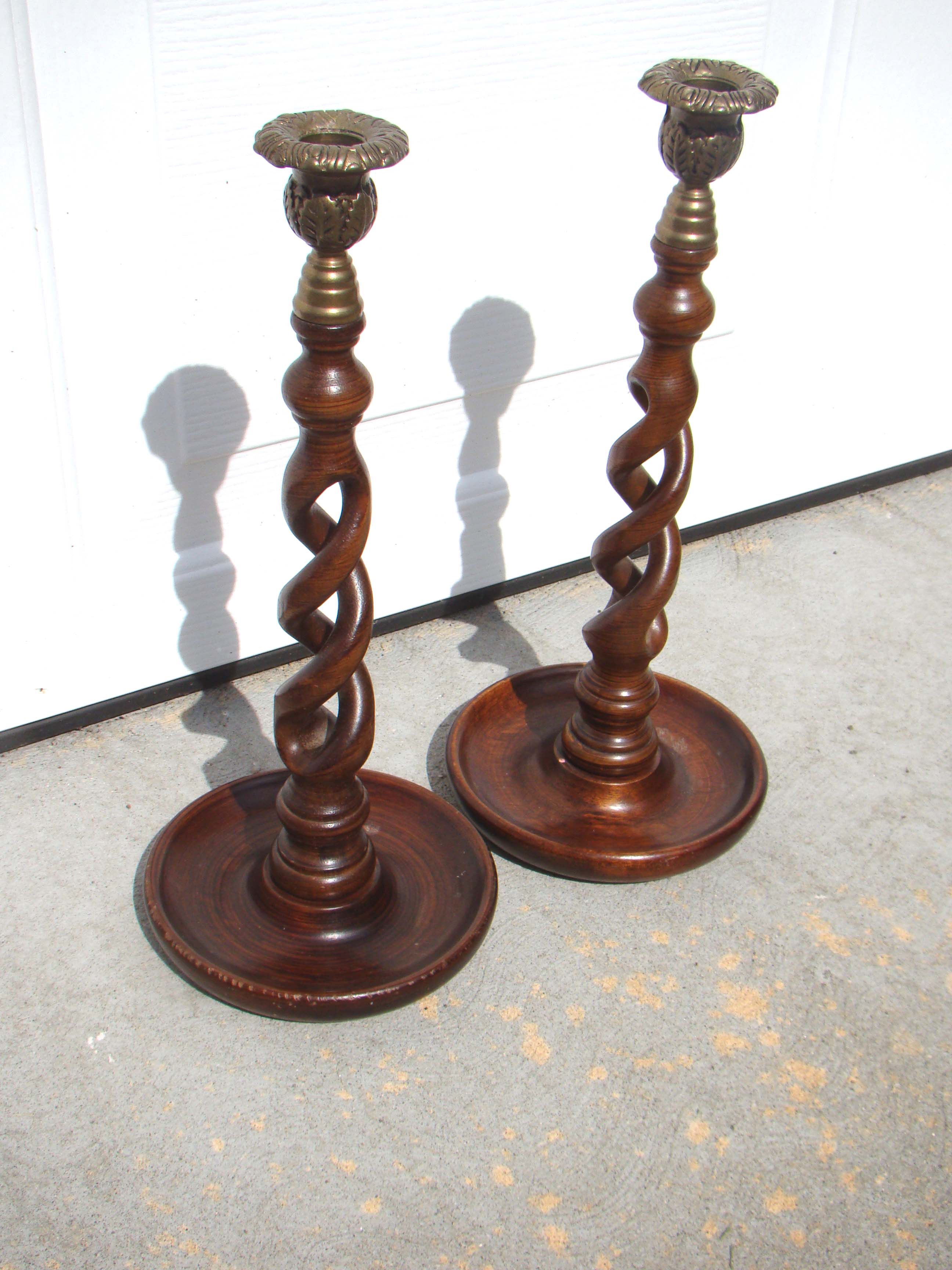 An attractive pair of Edwardian style barley twist candlesticks with brass bobeches — image 2