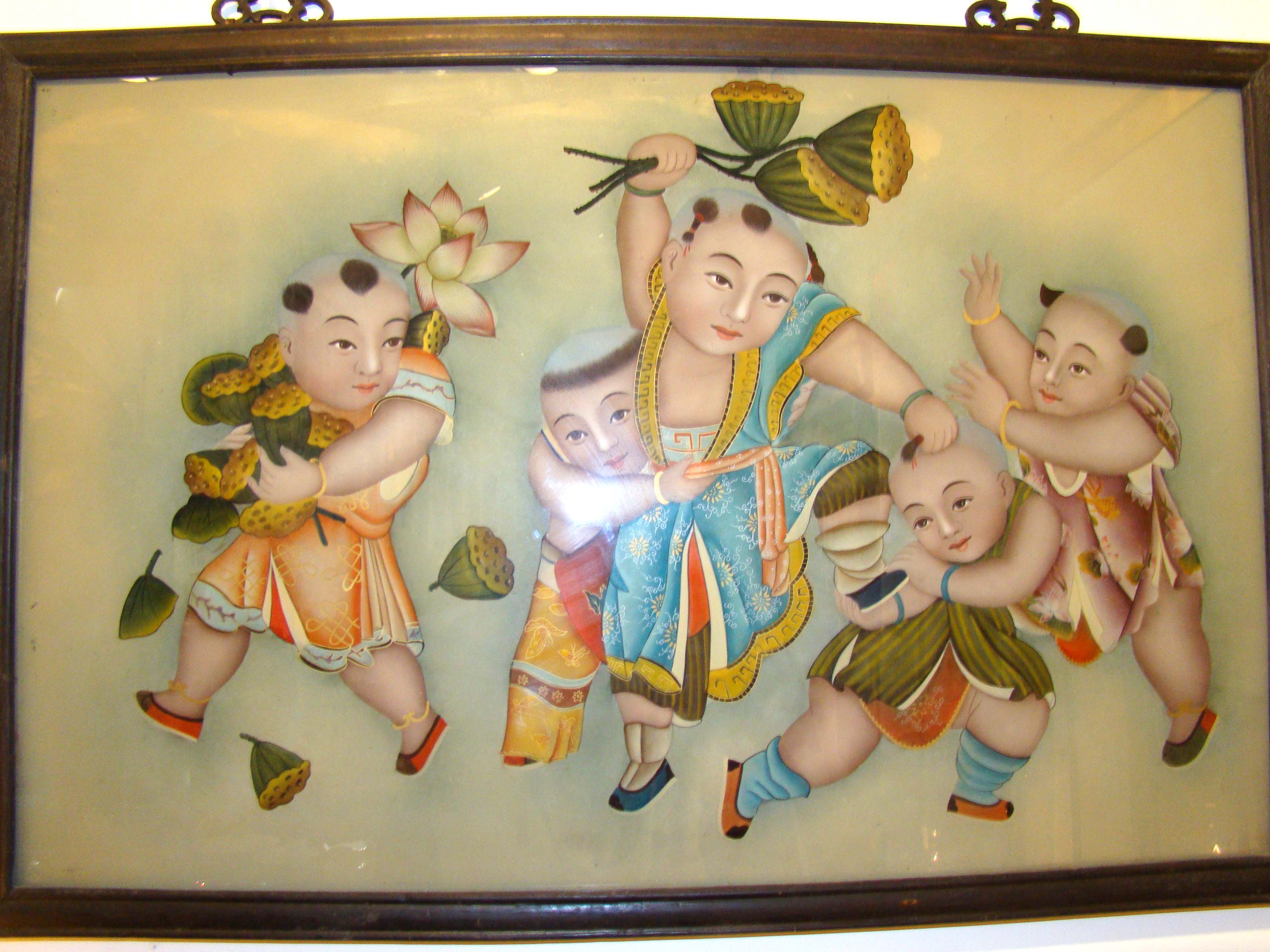 A fine Chinese painting on glass featuring children playing and lotus seeds circa 1900 — image 2