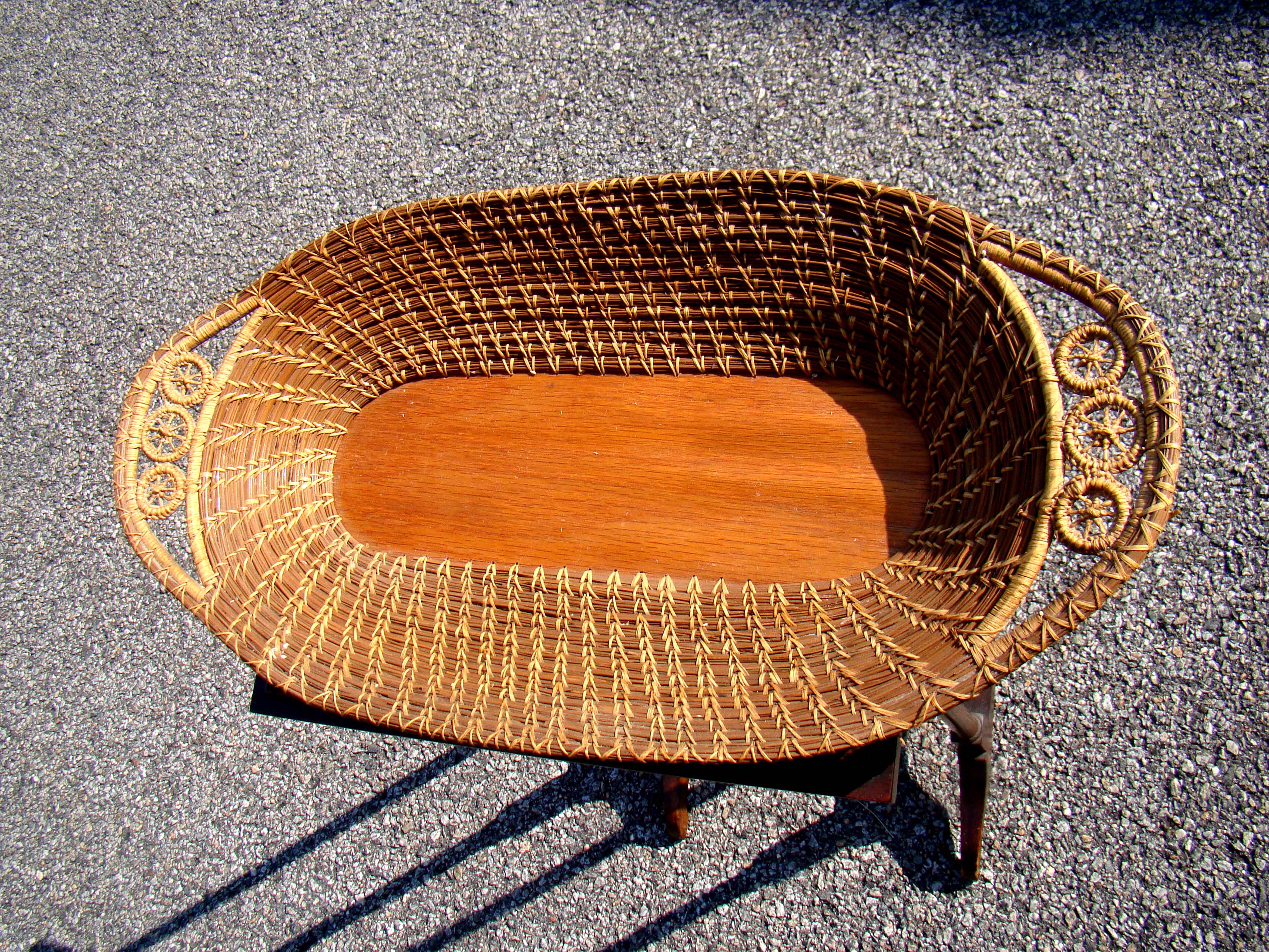 A fine vintage sweetgrass tray with maple base in the Nantucket style