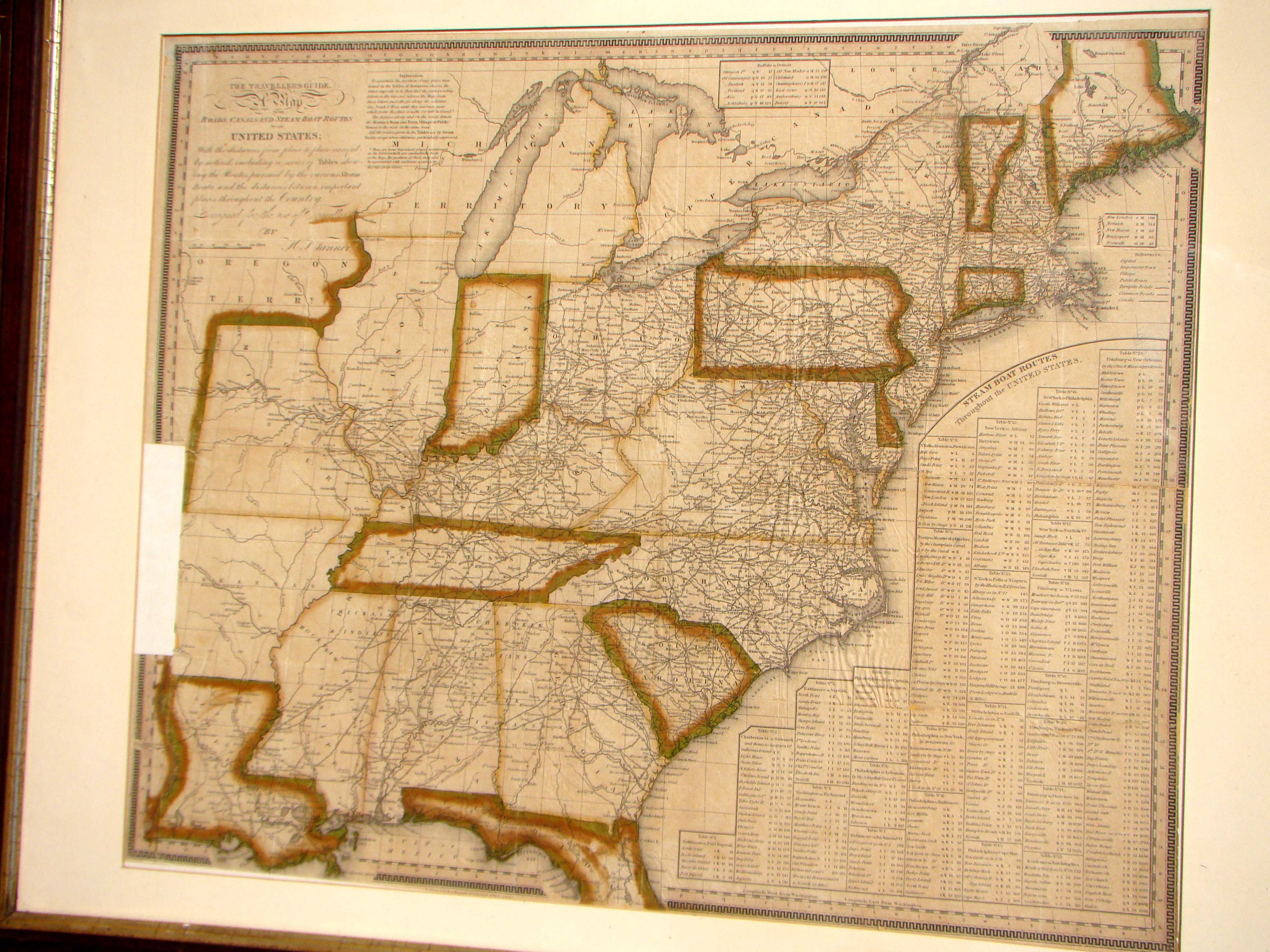 A fine and rare "Map of the Roads, Canals and Steamboat Routes of the UNITED STATES" published in 1834 by H. S. Tanner of Philadelphia.