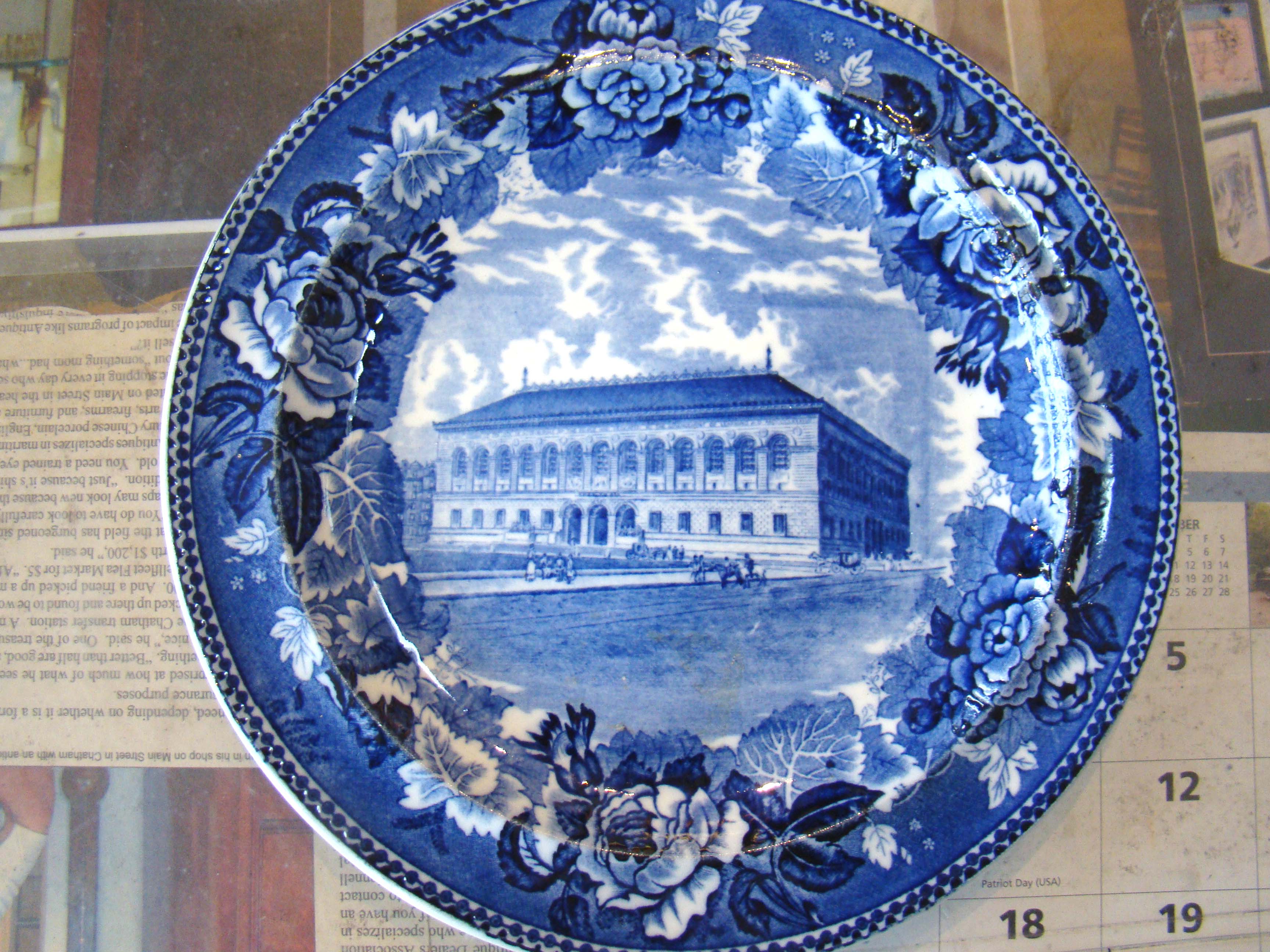 An historical Staffordshire plate made in 1895 featuring "The Boston Public Library"