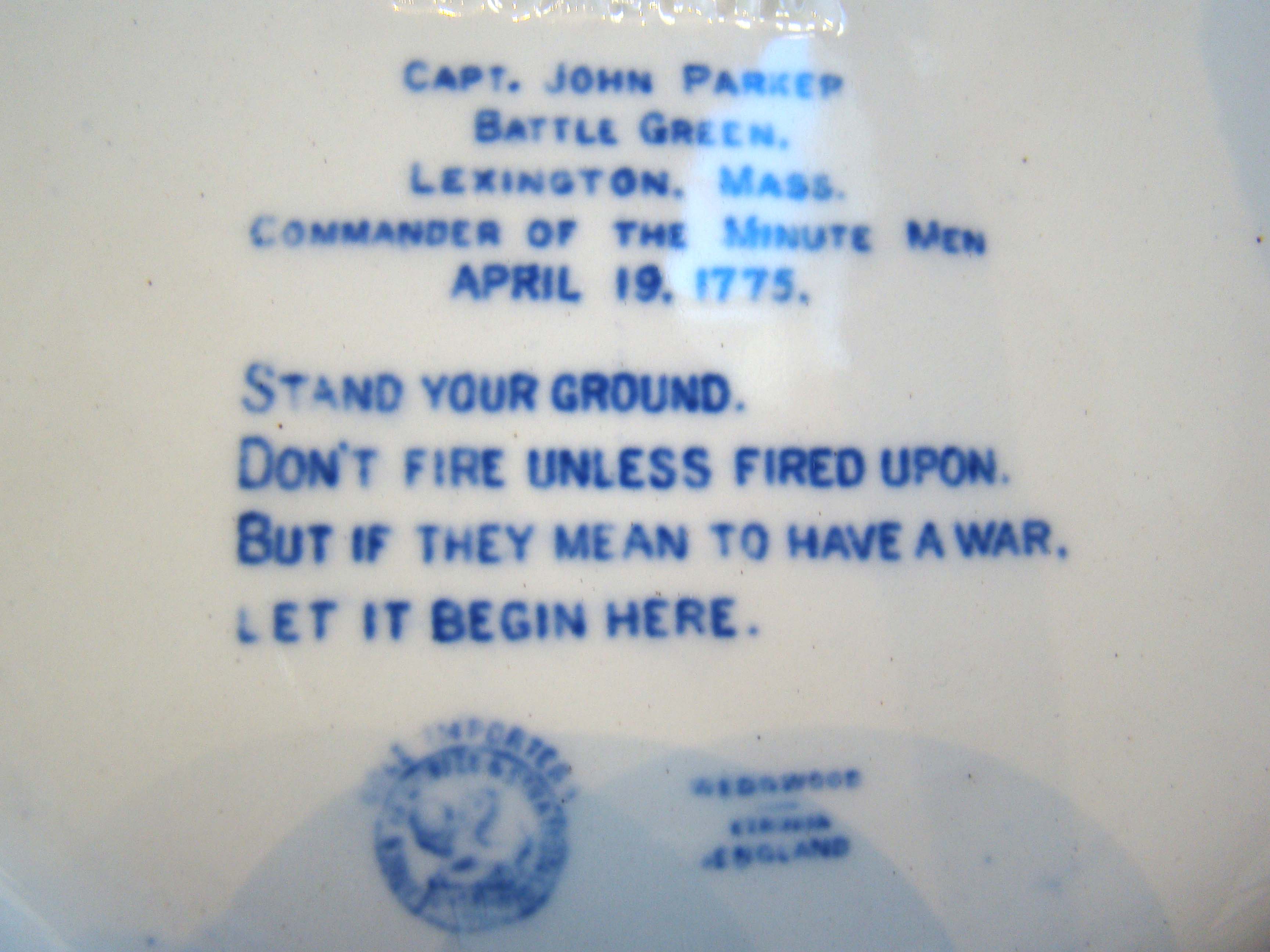 A rare historic plate commemorating Capt. John Parker, Battle Green, Lexington, Mass., Commander of the Minute Men, April 19, 1775 — image 2