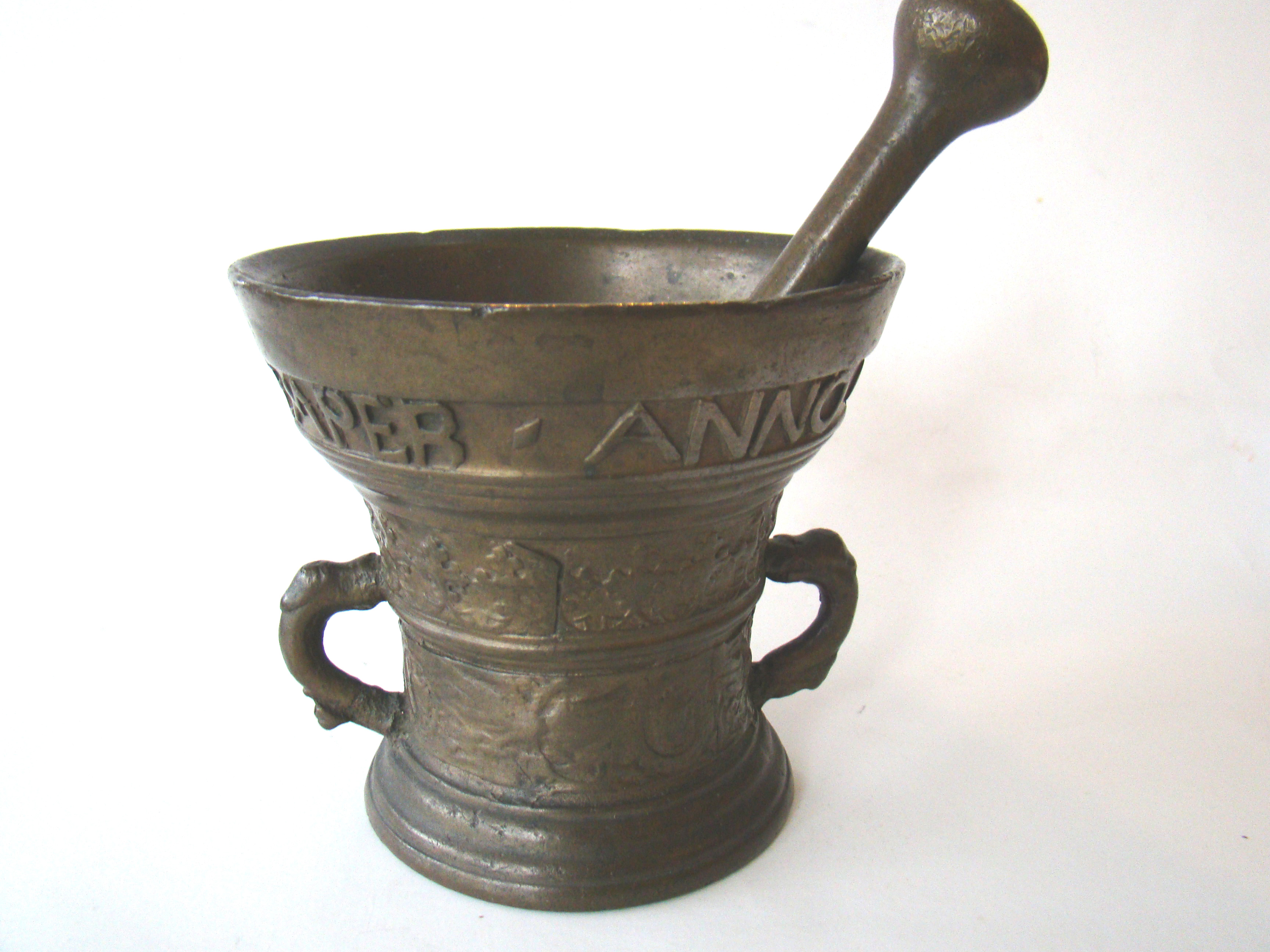 A RARE bronze Apothecary Mortar & Pestle dated 1607