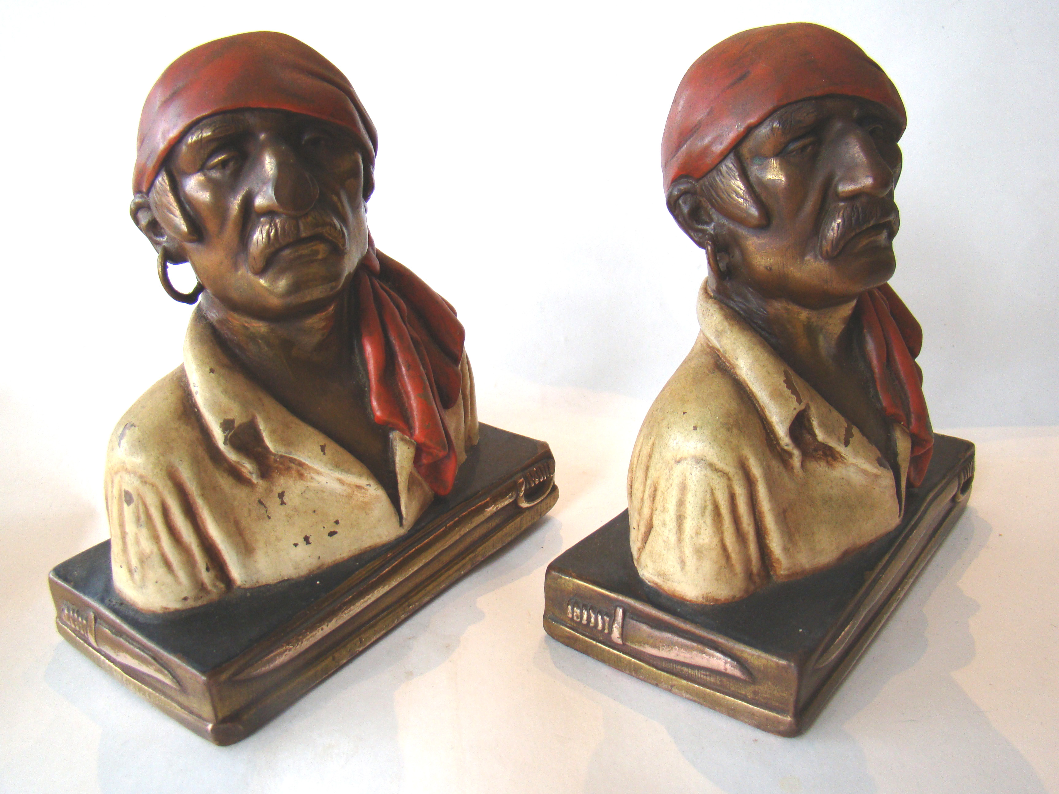 A pair vintage Pirate bookends designed by Paul Herzel and made by the Pompeian Bronze Company circa 1930 — image 2
