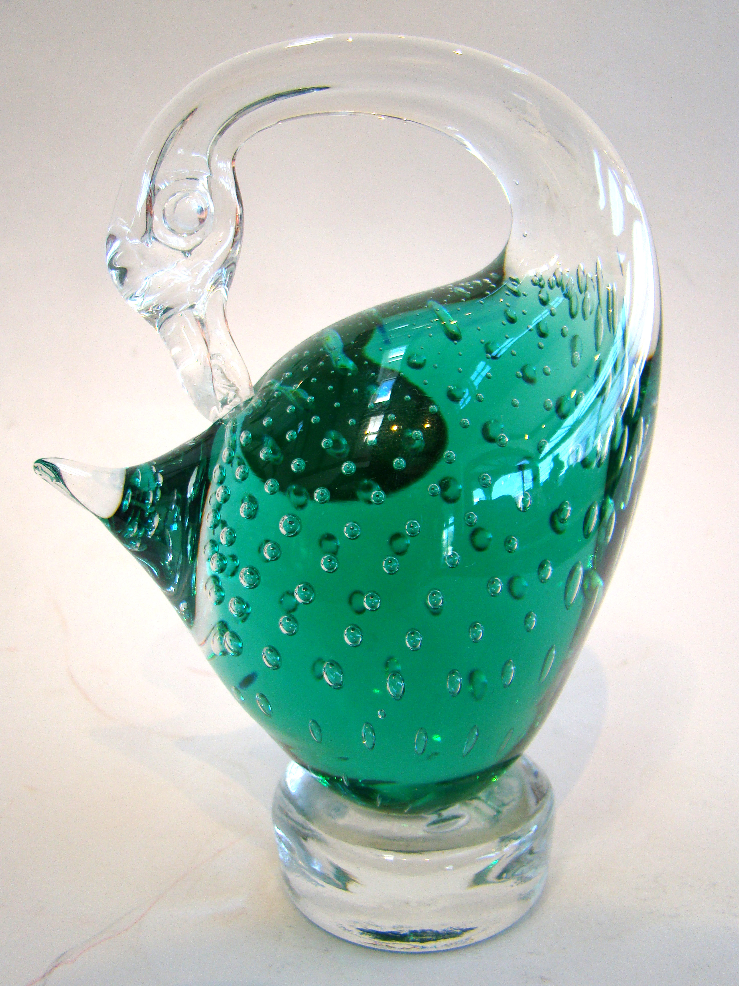 A beautiful hand-blown Italian Murano green art glass swan