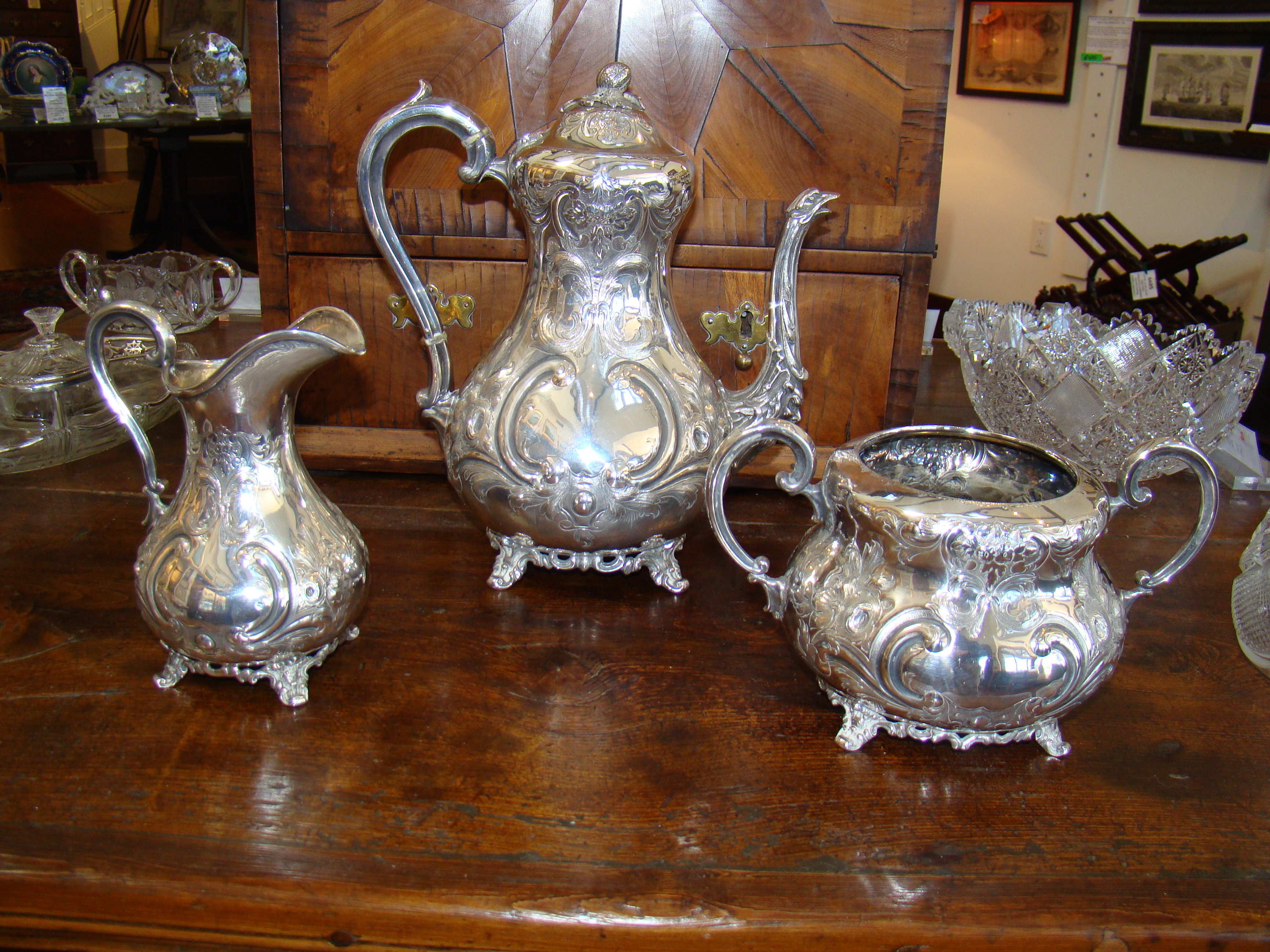 A beautiful three-piece silver-plated coffee service made by Martin Hall & Co., Sheffield, England circa 1849 — image 2