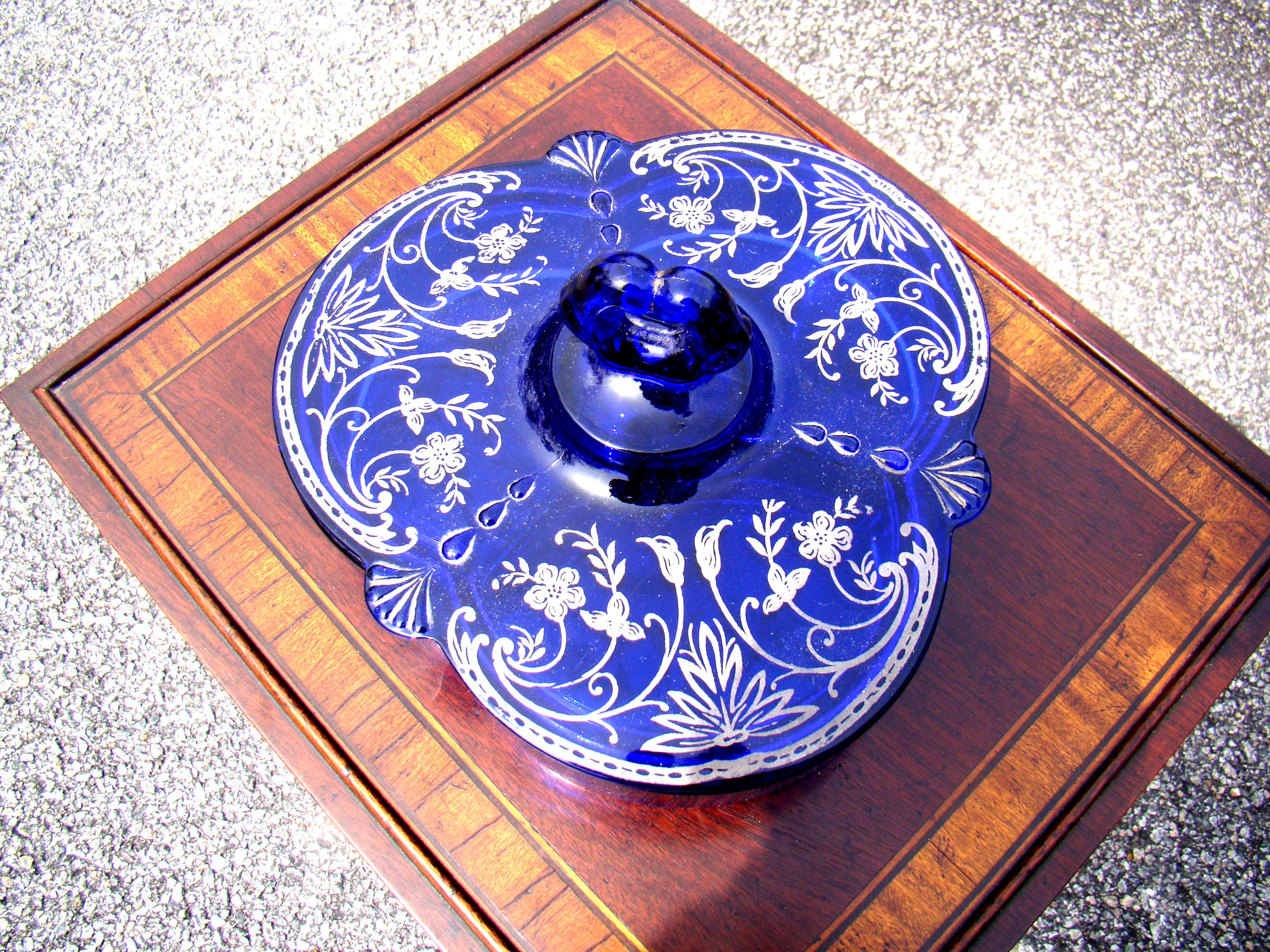 A gorgeous vintage cobalt blue silver overlay three-compartment candy & nut serving dish