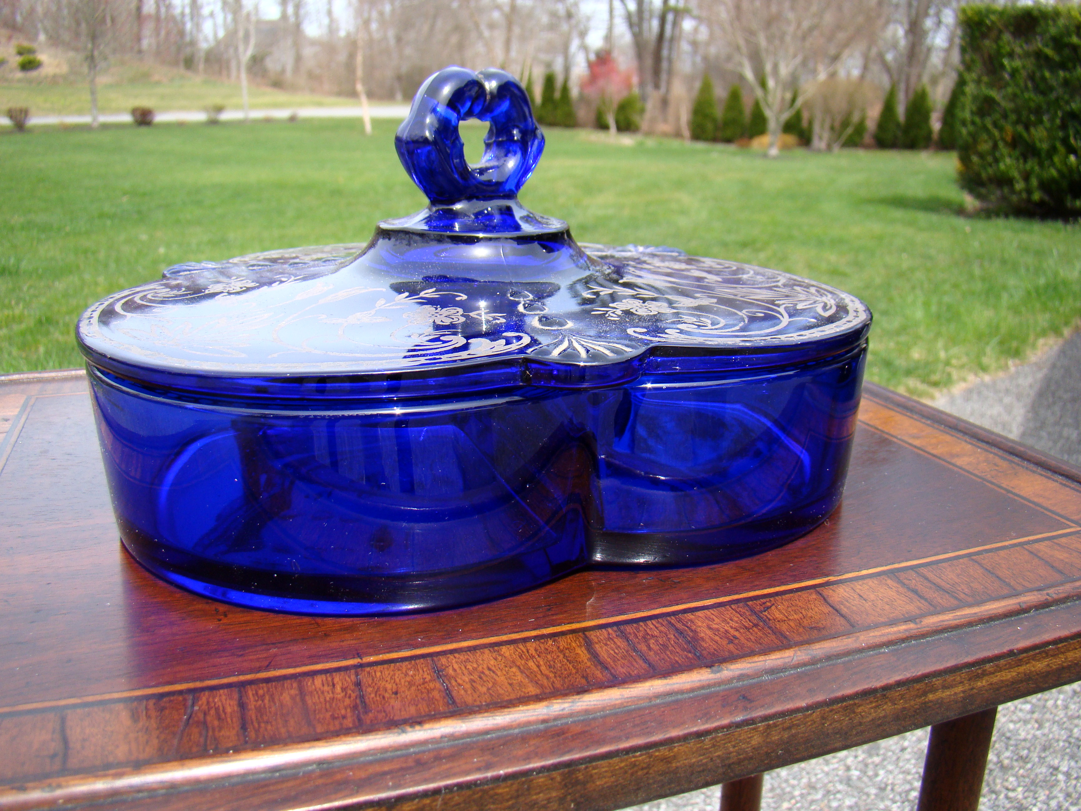 A gorgeous vintage cobalt blue silver overlay three-compartment candy & nut serving dish — image 2