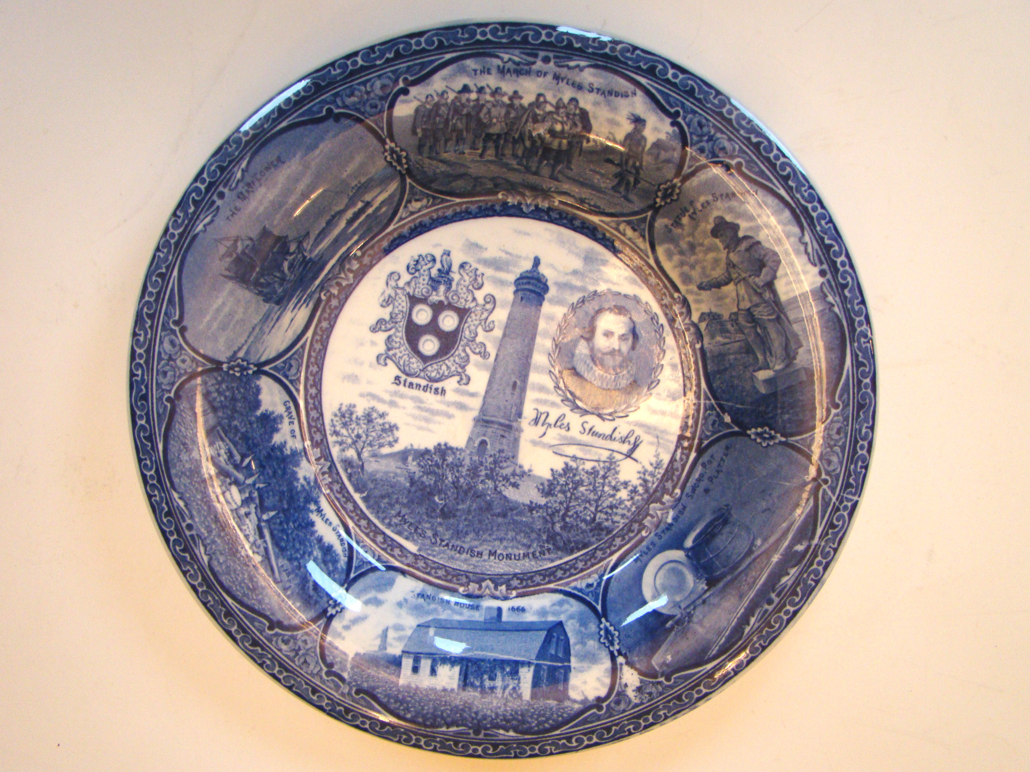 A beautiful vintage historical plate made in 1905 featuring Myles Standish, "The Captain of Plymouth