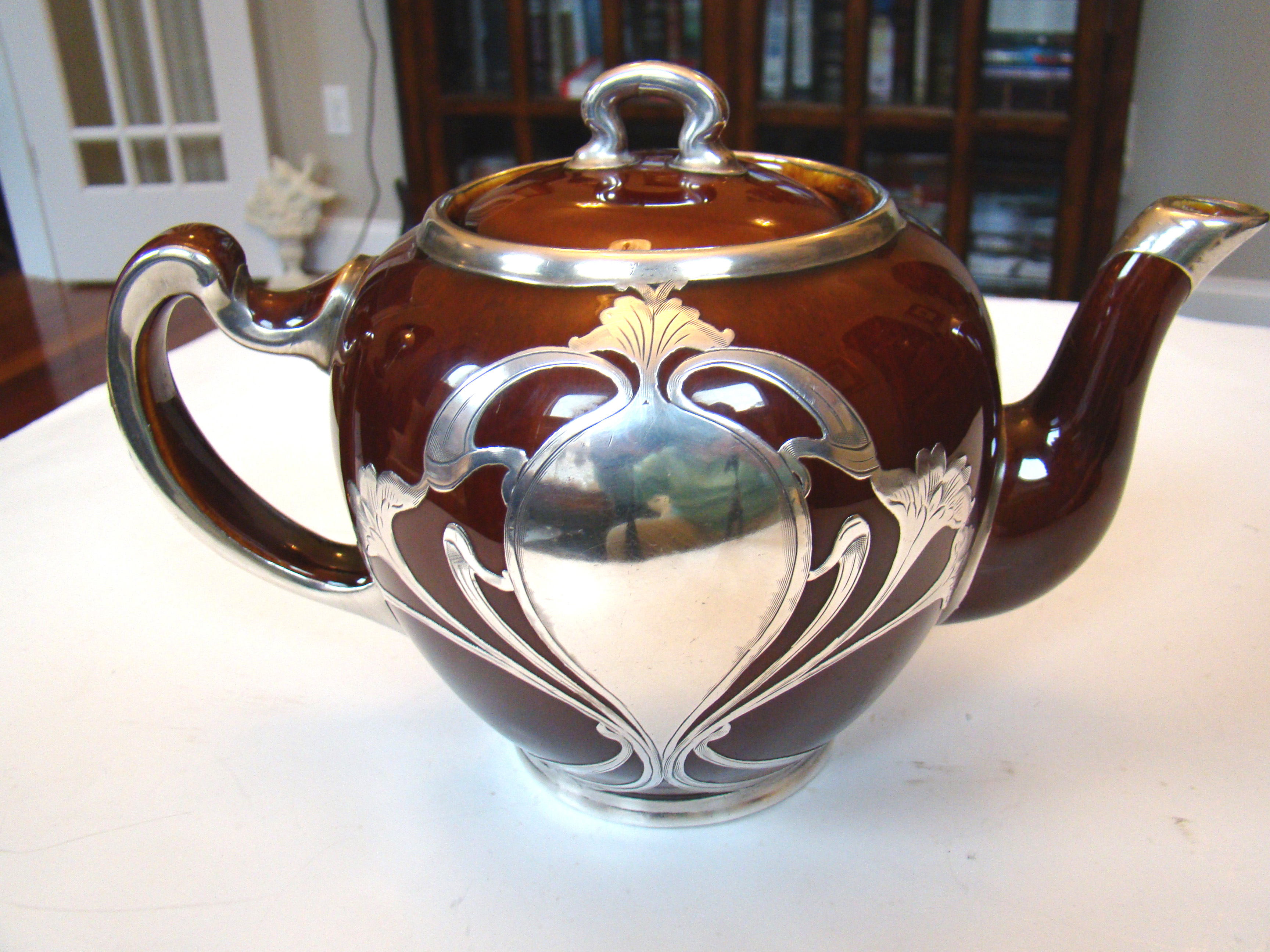 A beautiful vintage brown ceramic teapot with gorgeous silver overlay made by Lenox circa 1910 — image 2