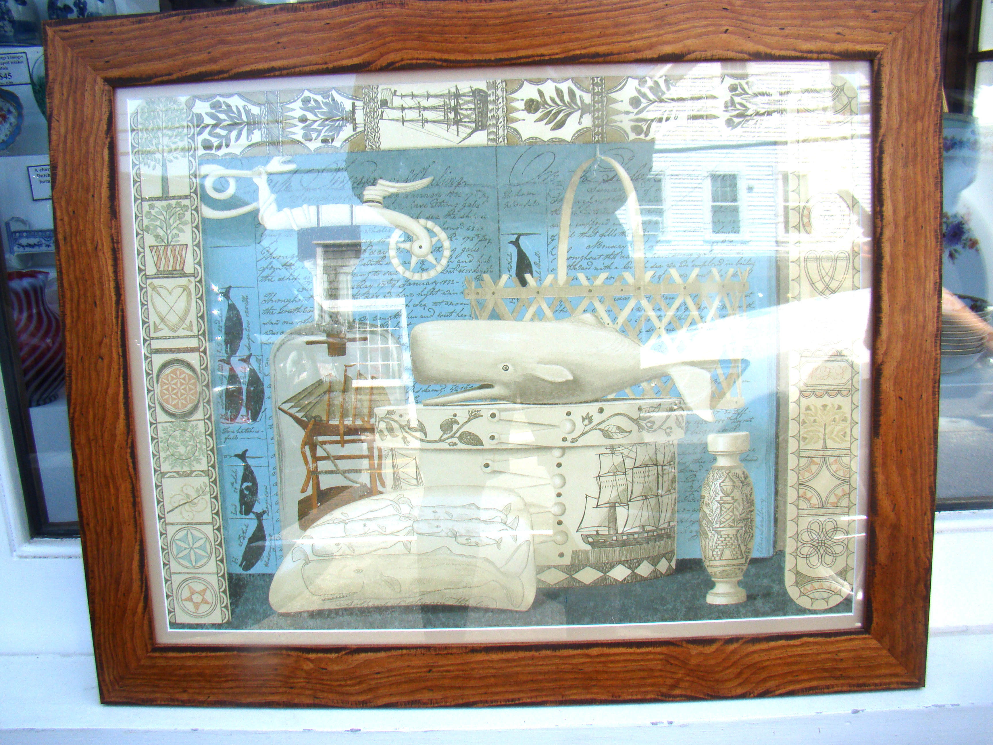 A wonderful collage of whaling and scrimshaw objects possibly done by Ralph Cahoon