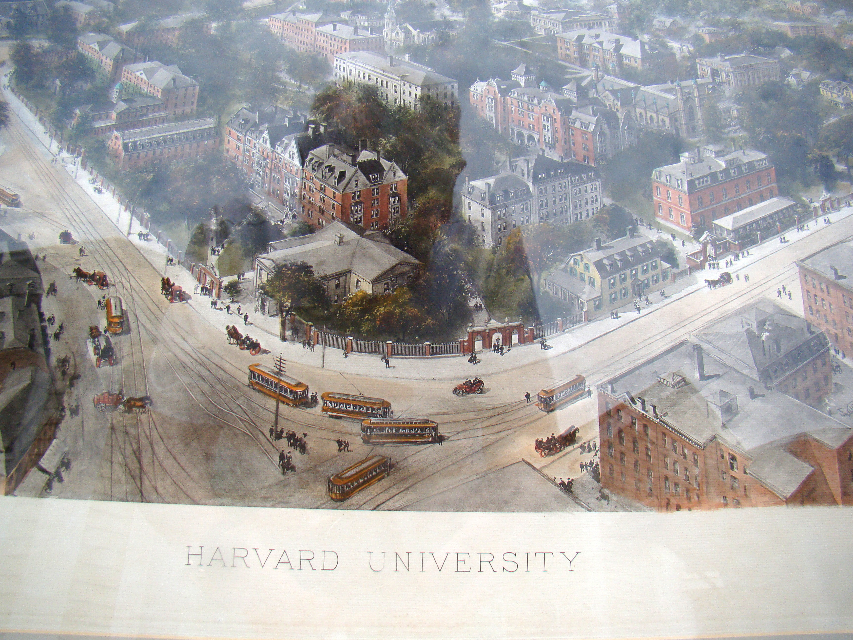 A vintage 'bird's eye' view print of HARVARD UNIVERSITY circa 1890