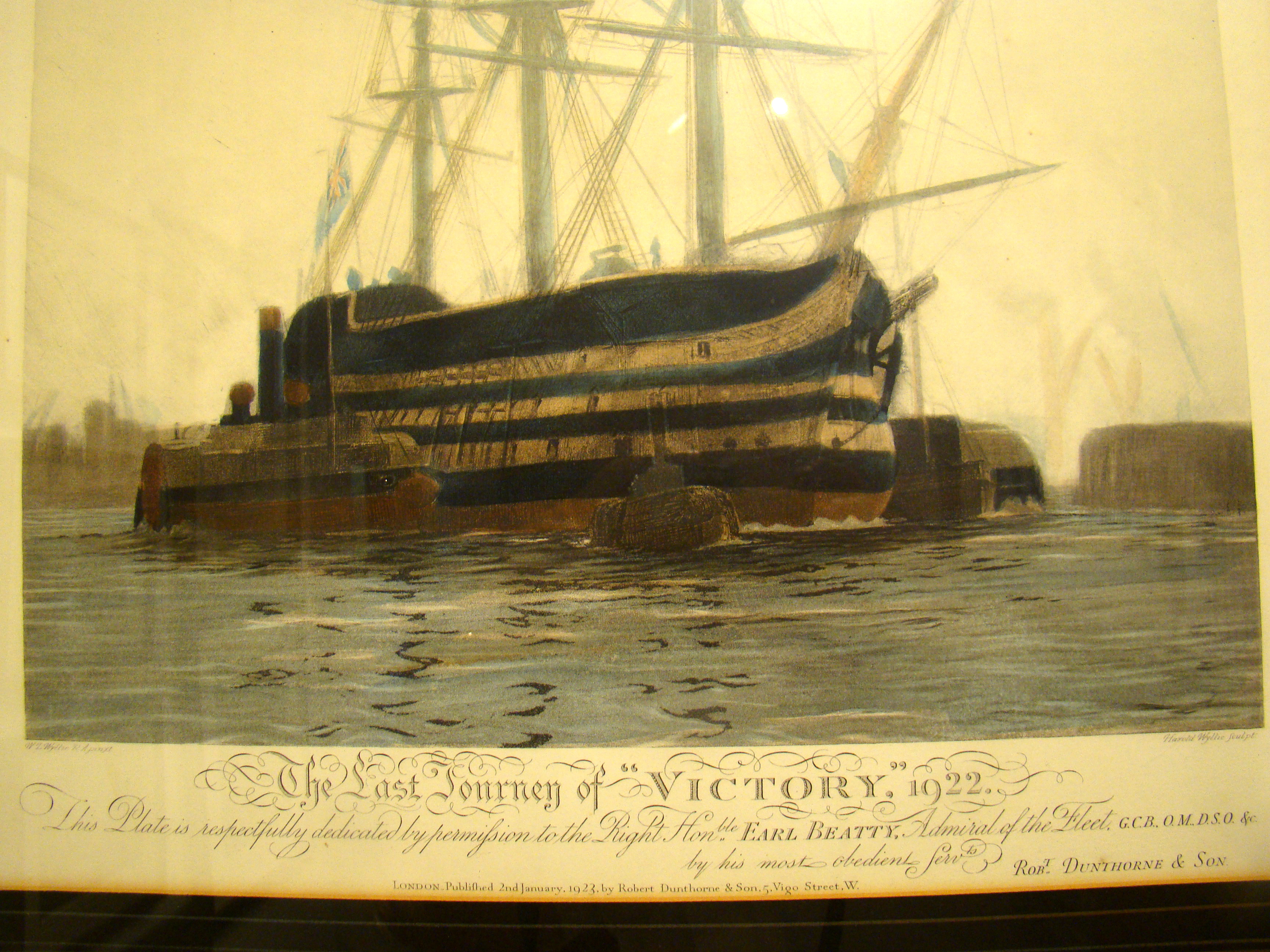 A fine color lithograph depicting the "Last Voyage of Victory, 1922" by Harold Wyllie