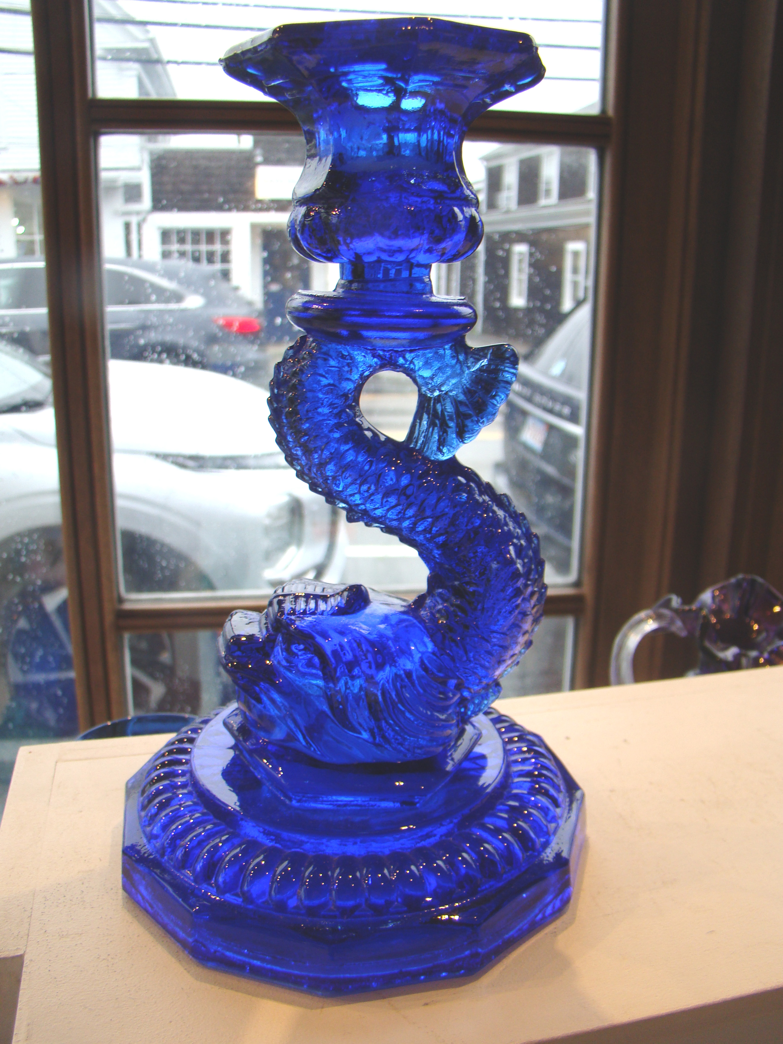 A stunning pair of vintage cobalt blue dolphin/coy candlesticks on double raised base — image 2