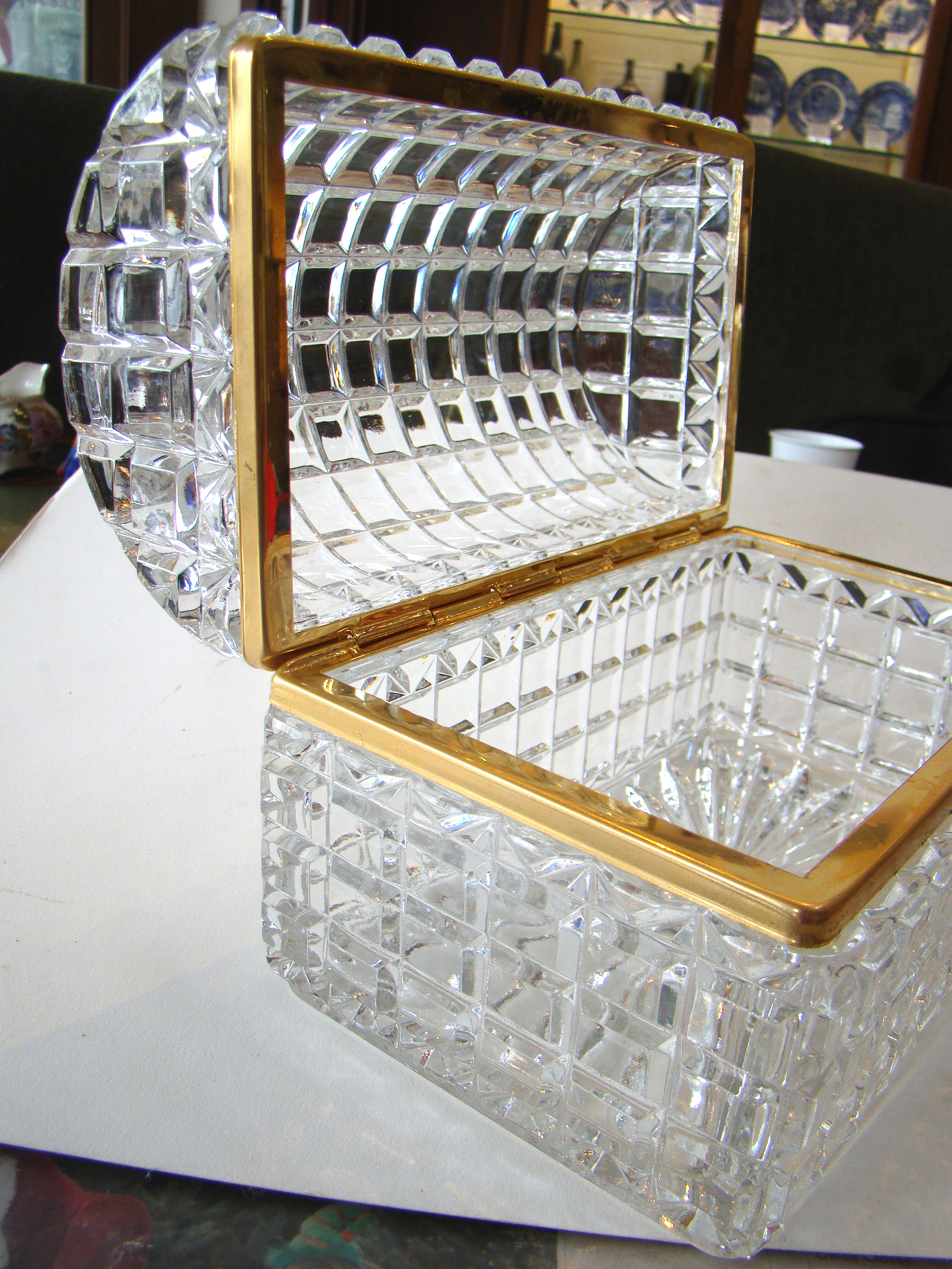 A  vintage French leaded crystal hinged and domed jewelry box