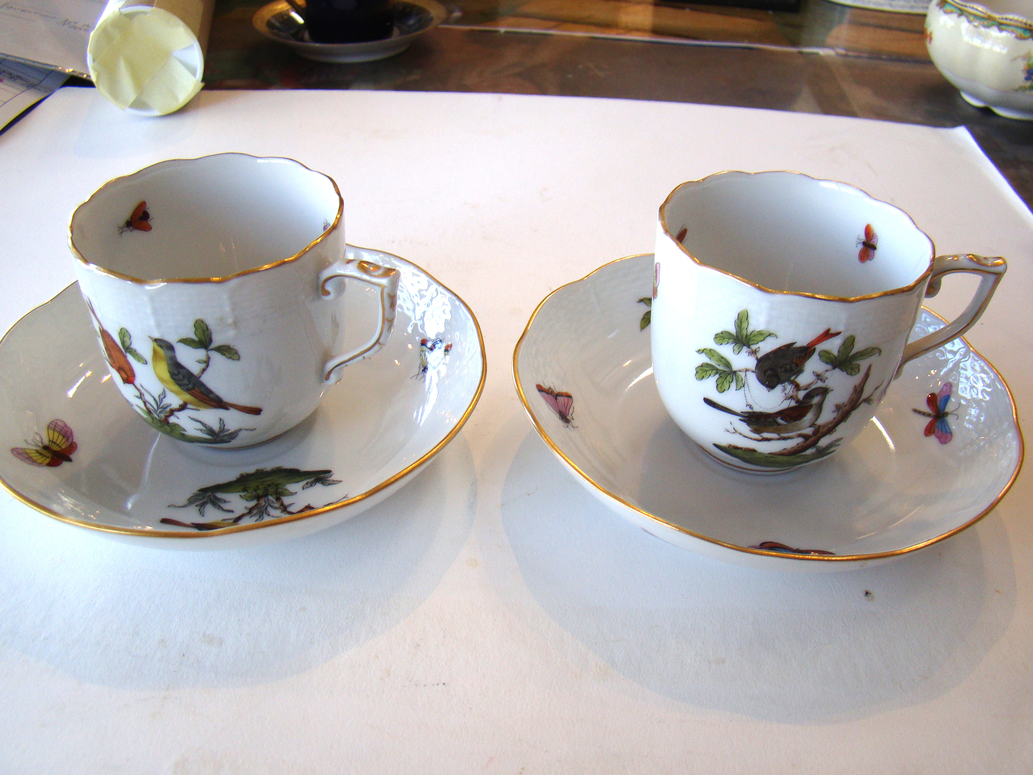 A beautiful pair of ROTHSCHILD BIRD pattern coffee cups & saucers by HEREND