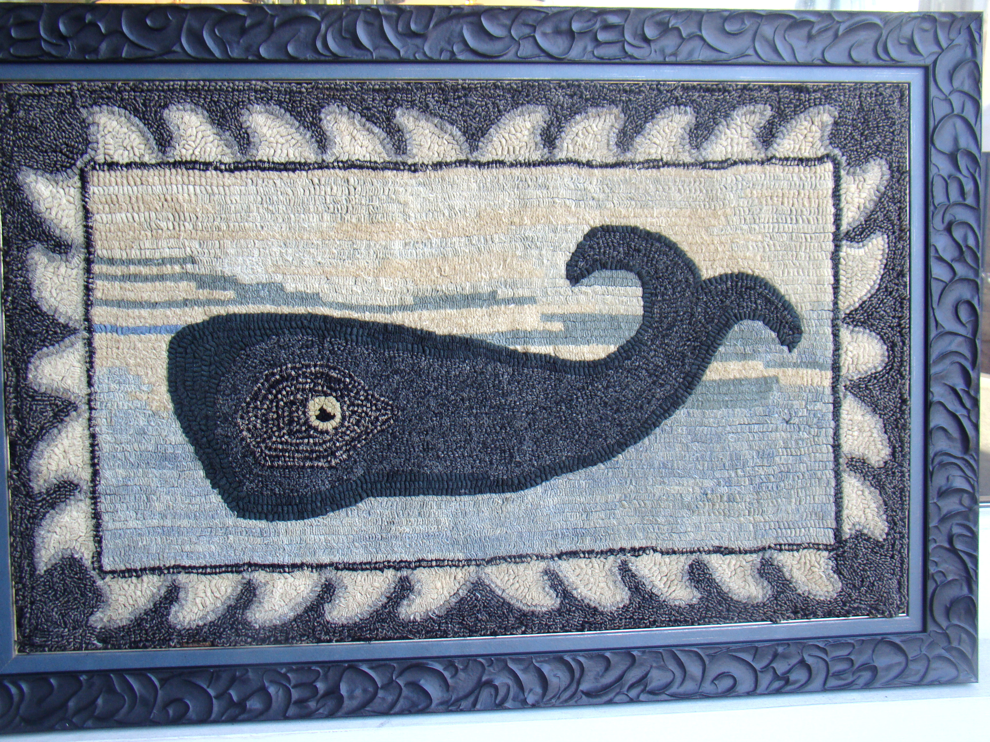 A fine antique (circa 1900) handmade hooked rug depicting a sperm whale from a New Bedford estate — image 2