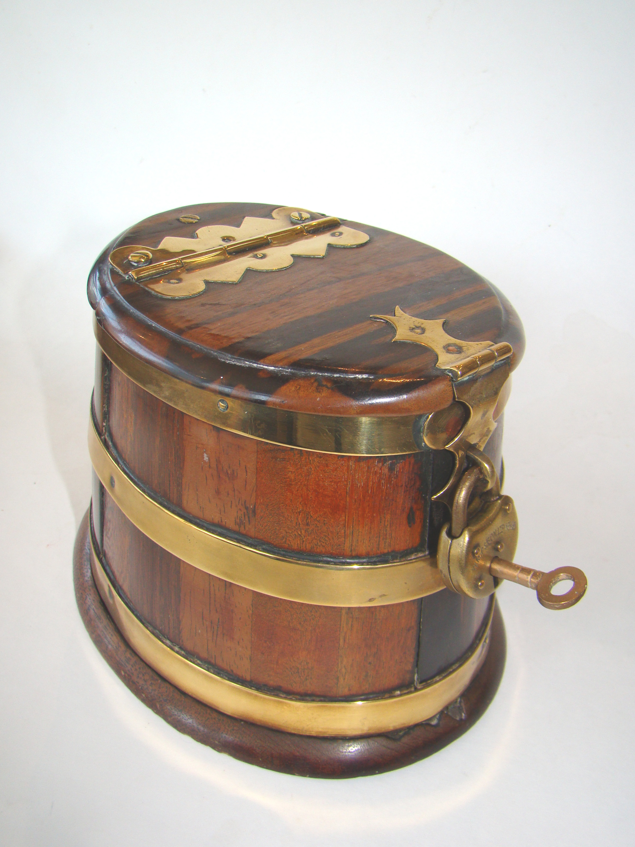A gorgeous antique brass mounted oval shaped exotic wood cask with padlock circa 1870 — image 2