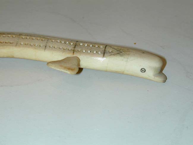 19th Century Eskimo Carved Bone Dolphin Form Cribbage board