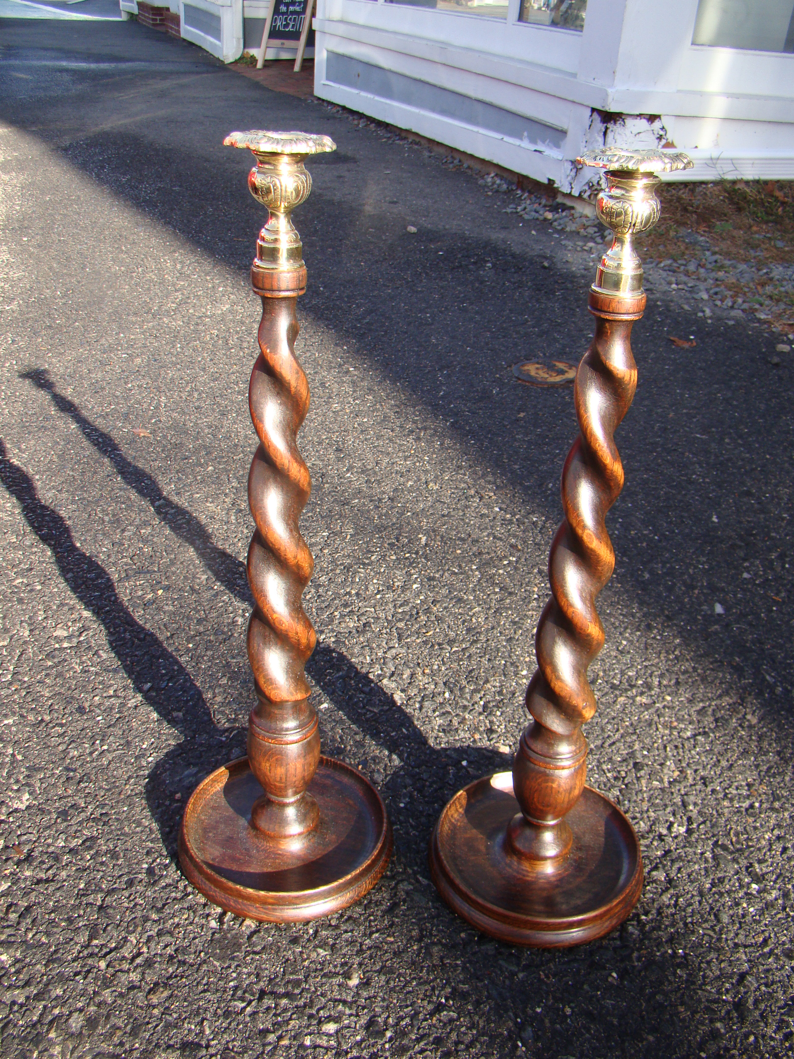 A beautiful pair of antique English oak "barley twist" candlesticks, height 18 1/2", circa 1875