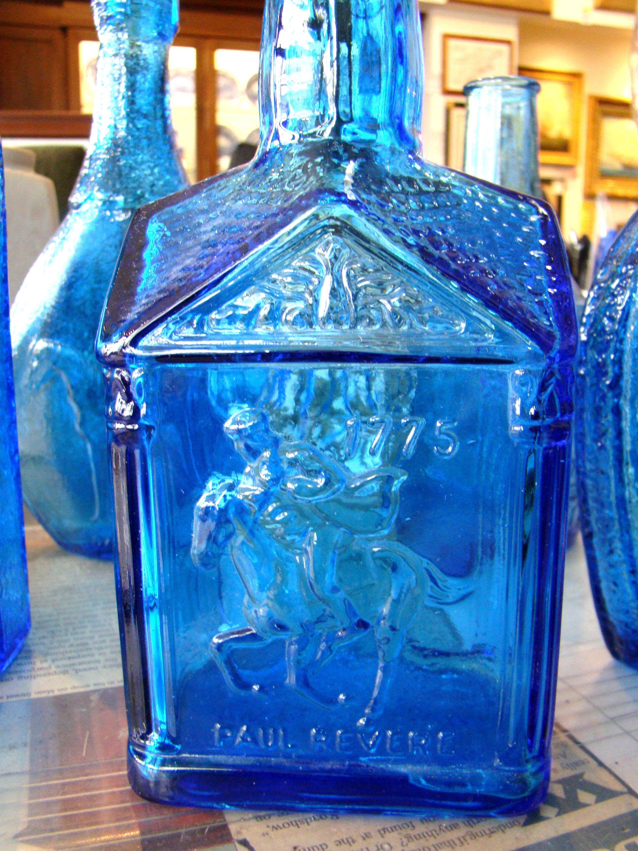 A collection of five reproduction aqua blue glass flasks and bottles — image 2