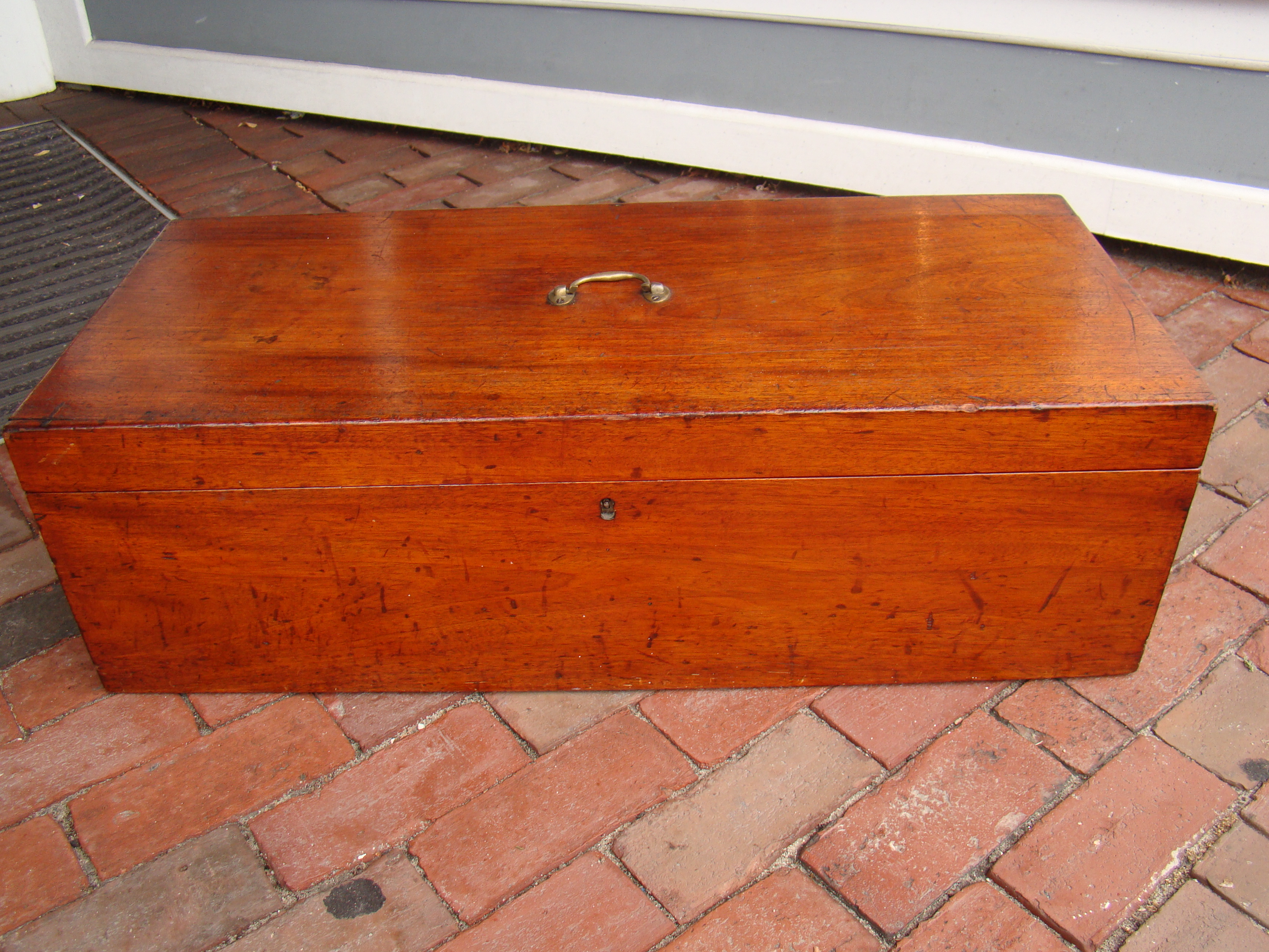 A beautiful antique 19th century cherry seaman's storage chest with fabulous dovetails and three brass mounted handles — image 2