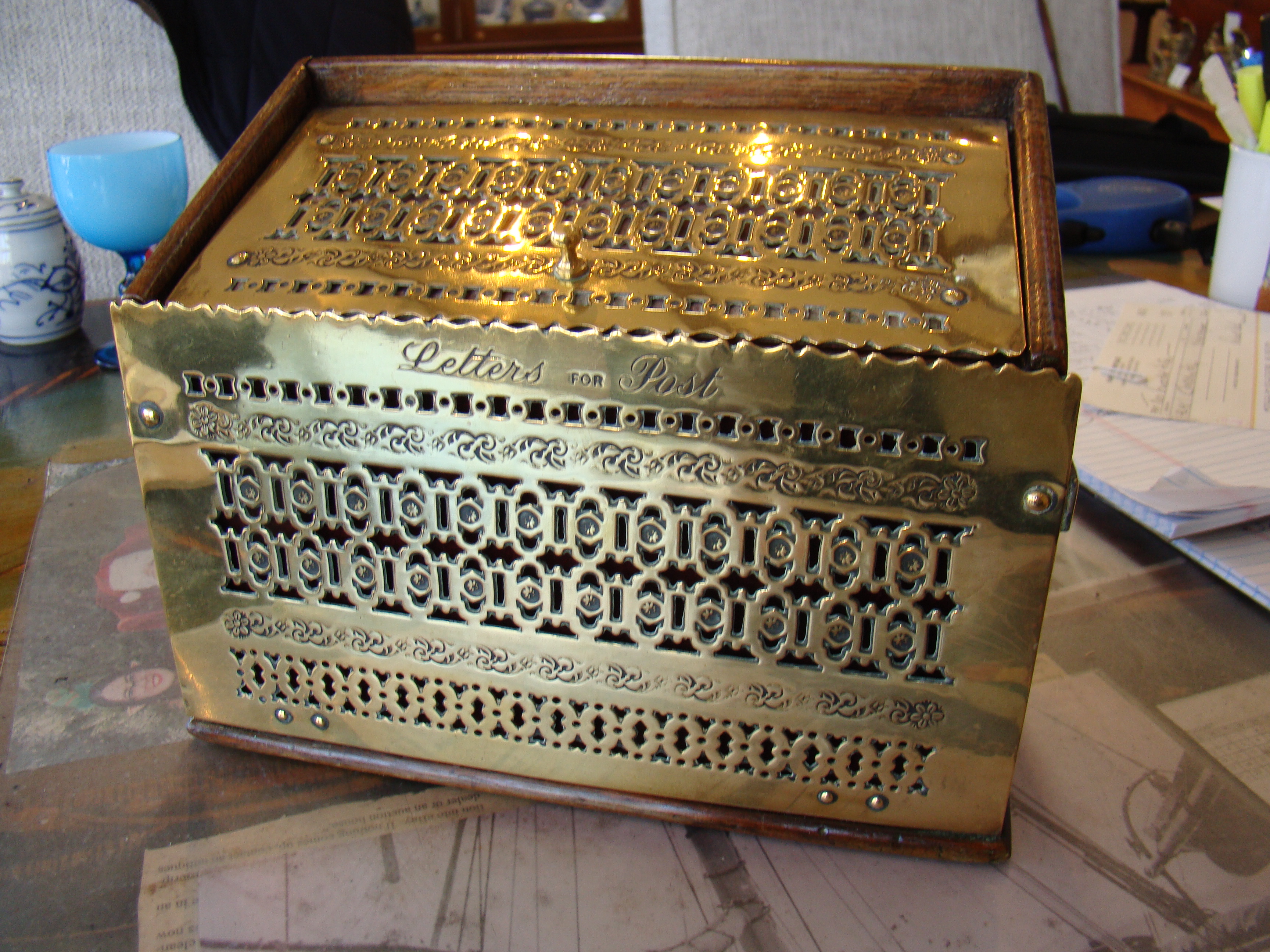 A beautiful Victorian brass mounted oak letter box circa 1880